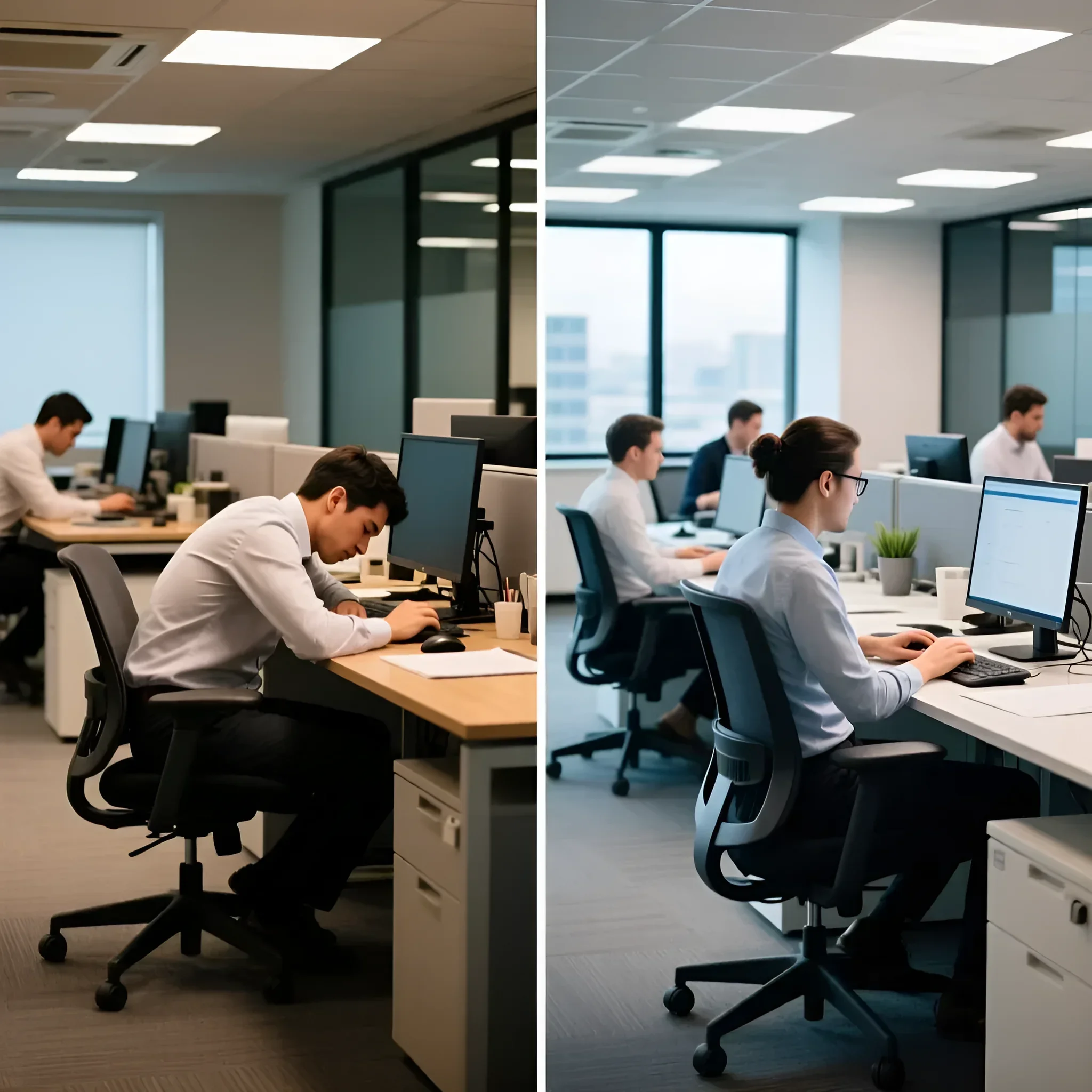 Фотография демонстрирует современный офисный интерьер с акцентом на эргономичные рабочие места и сосредоточенных сотрудников, работающих за компьютерами.