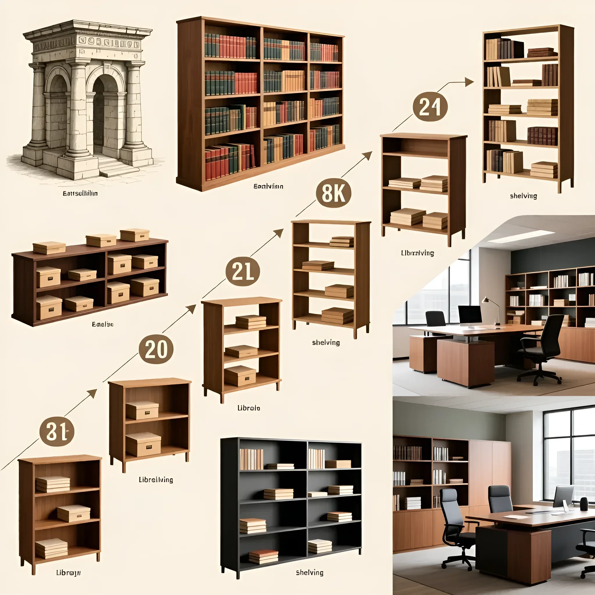Коллаж различных стеллажей: от античных арок до современных офисных конструкций. Иллюстрация для статьи о выборе стеллажа.