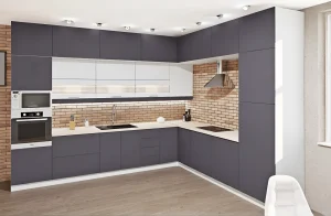 Готовая прямая кухня "Эко" 3.4 метра в белом и темно-сером цвете, современный дизайн, фото интерьера кухни от MebelTops.