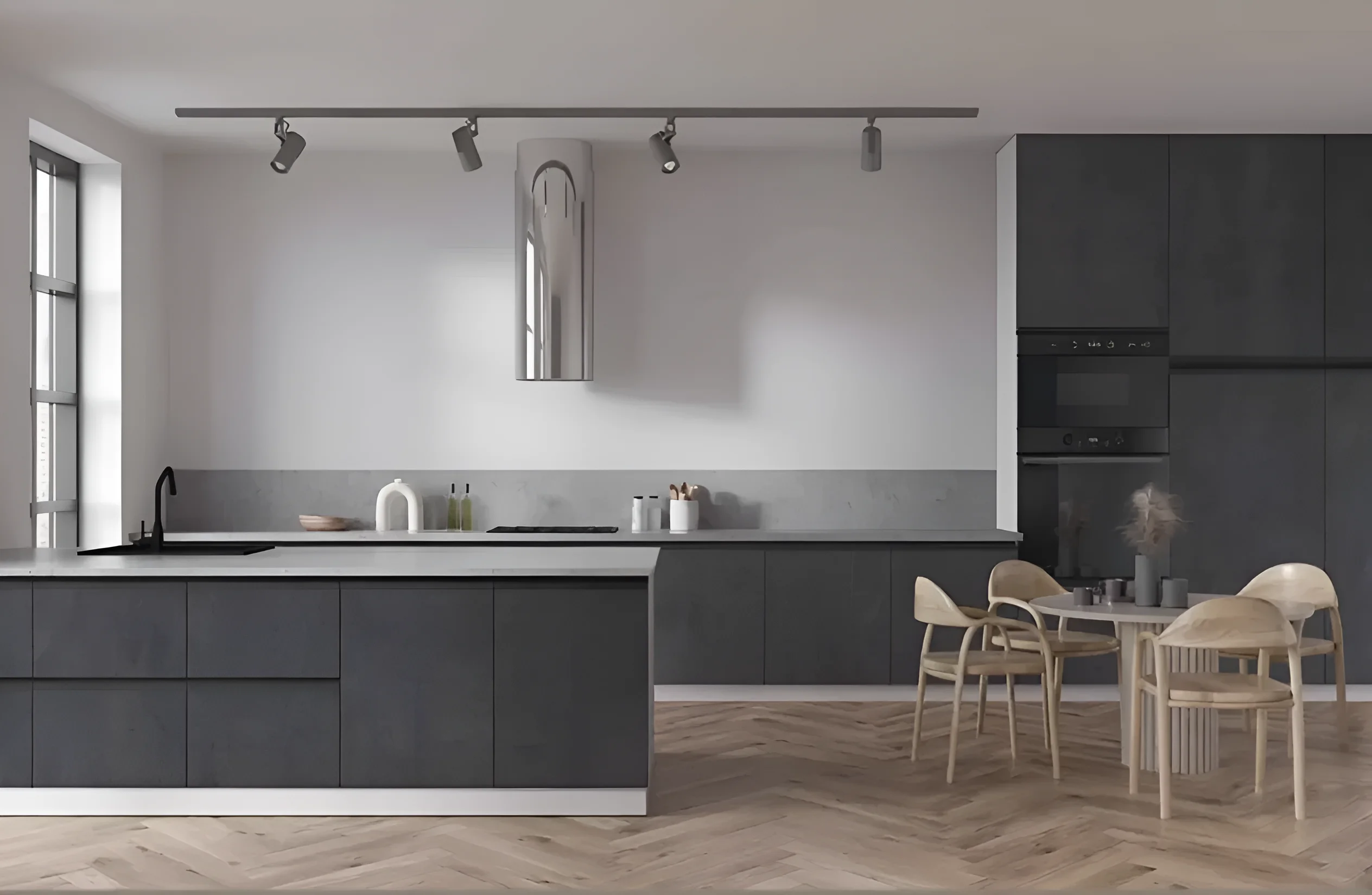 Современная готовая кухня "Тренд" 2900мм в темно-сером цвете с островом, стильный дизайн интерьера кухни, MebelTops.