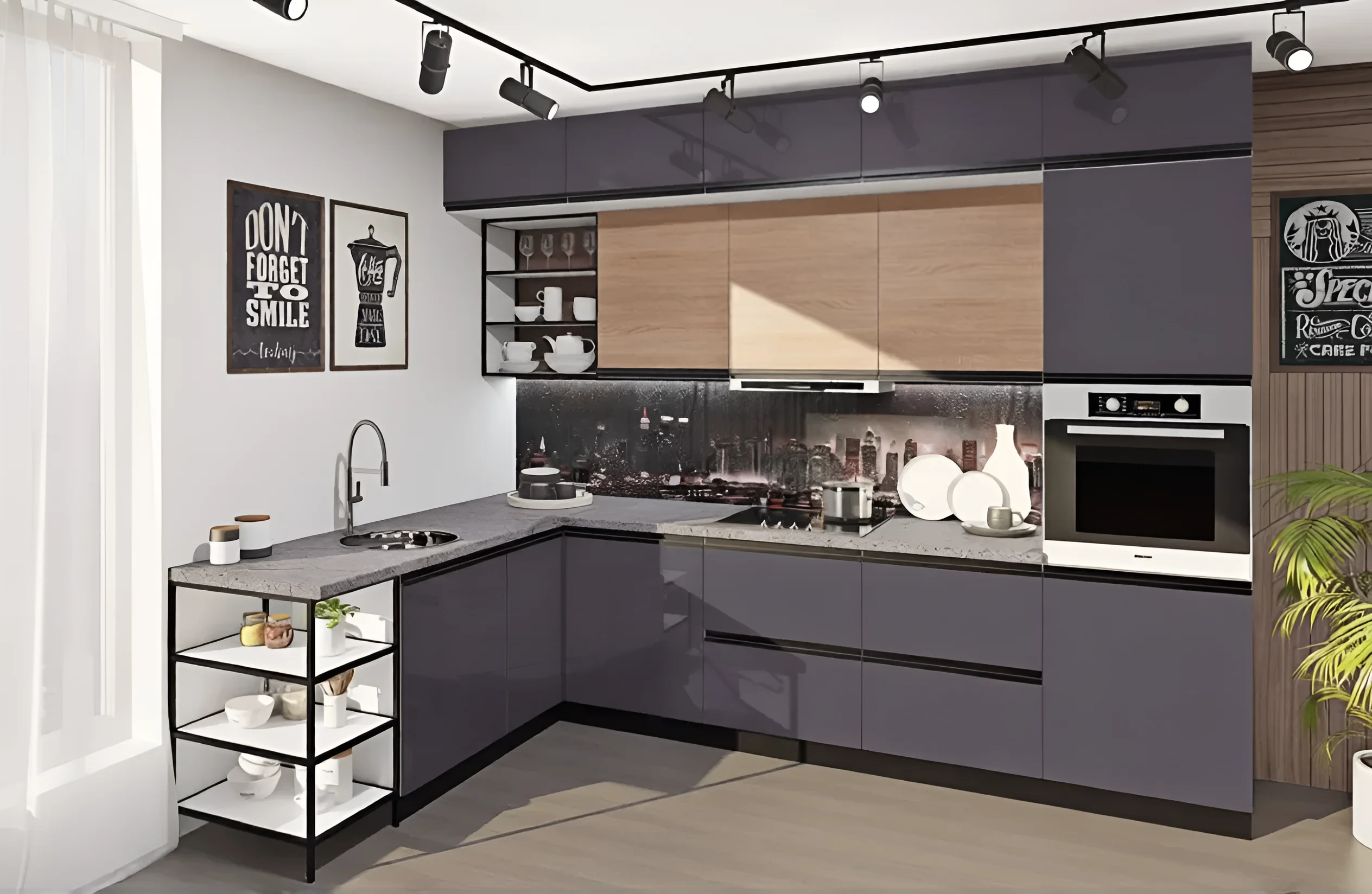 Готовая угловая кухня "Тренд" 2900мм в темно-сером цвете с деревянными вставками, современный дизайн, фото интерьера кухни.