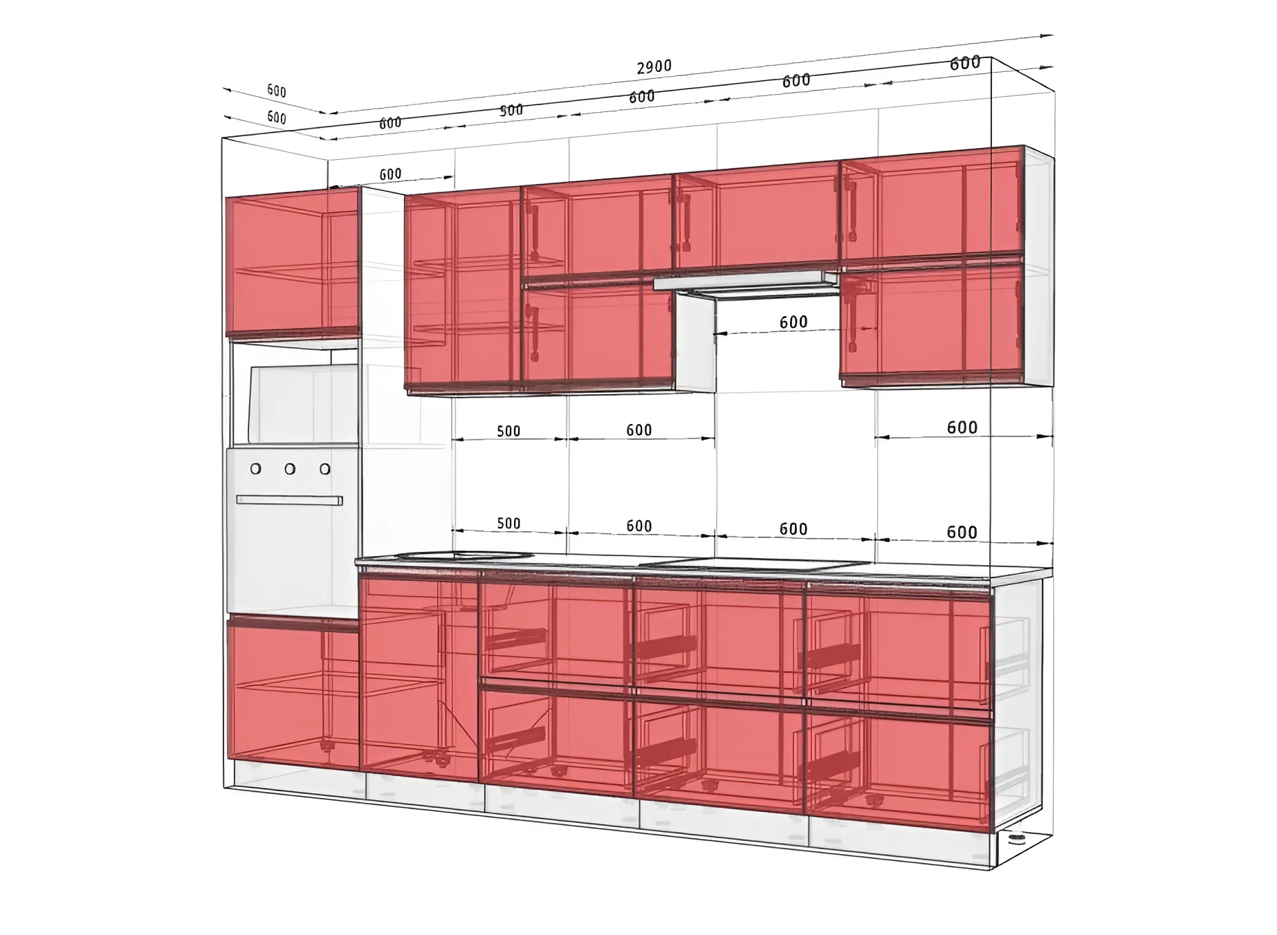 Готовая кухня "Тренд" 2900мм темно-серого цвета с фасадами из стекла и матового МДФ, современный дизайн, схема расположения модулей.