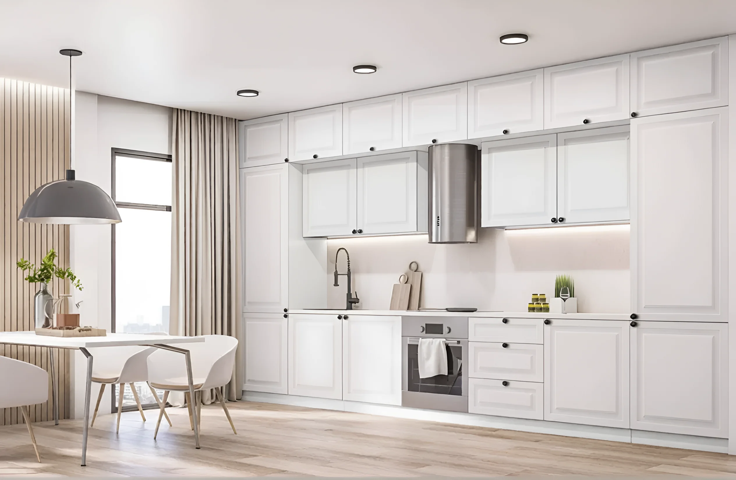 Белая классическая кухня "Диамант" 4,2 метра с элегантными фасадами, современная вытяжка и стильный обеденный гарнитур в светлом интерьере.
