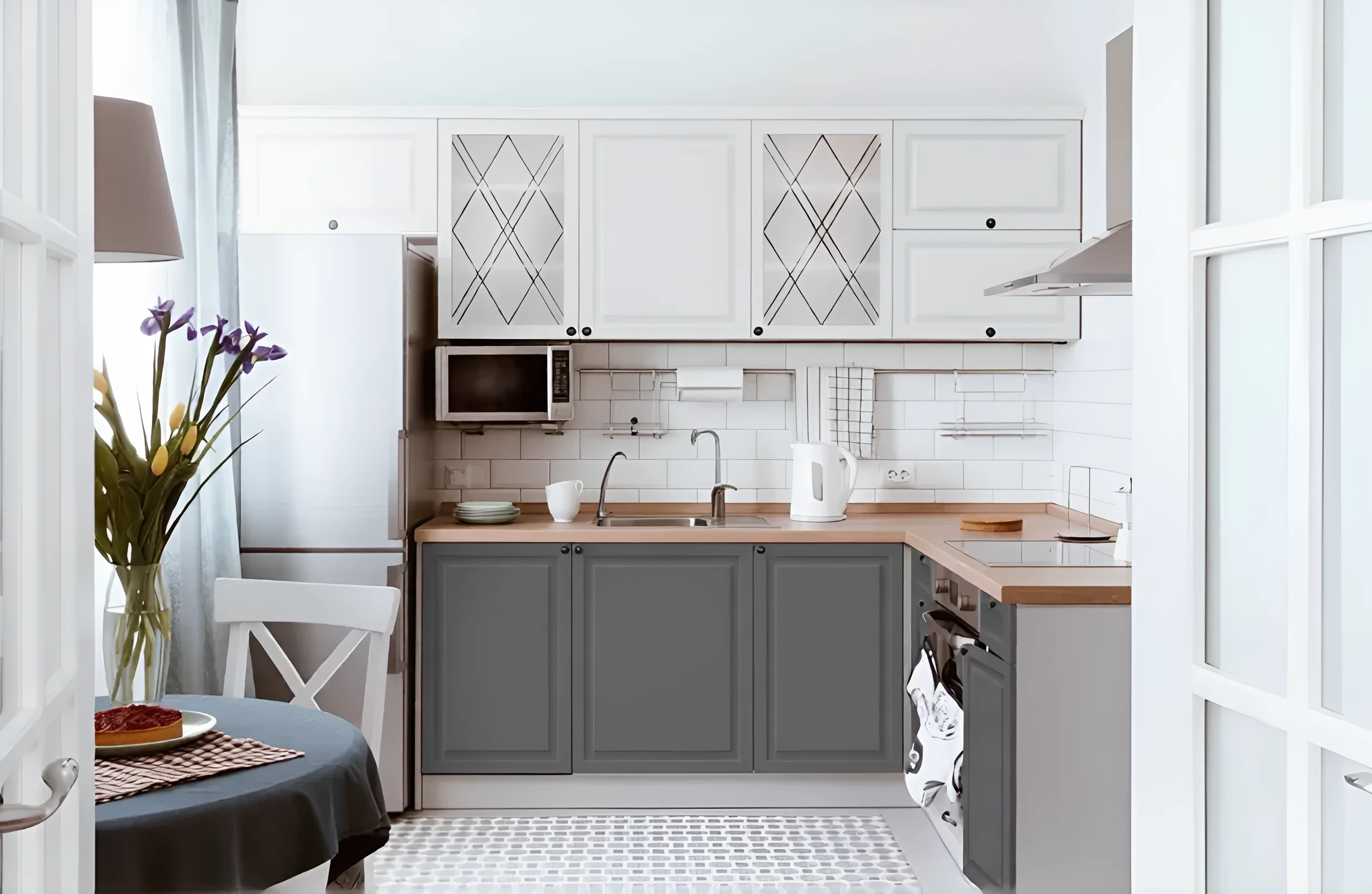 Белая классическая кухня "Диамант" 4,2 метра с серыми нижними шкафами и белыми верхними шкафами с витражами, современный интерьер кухни.