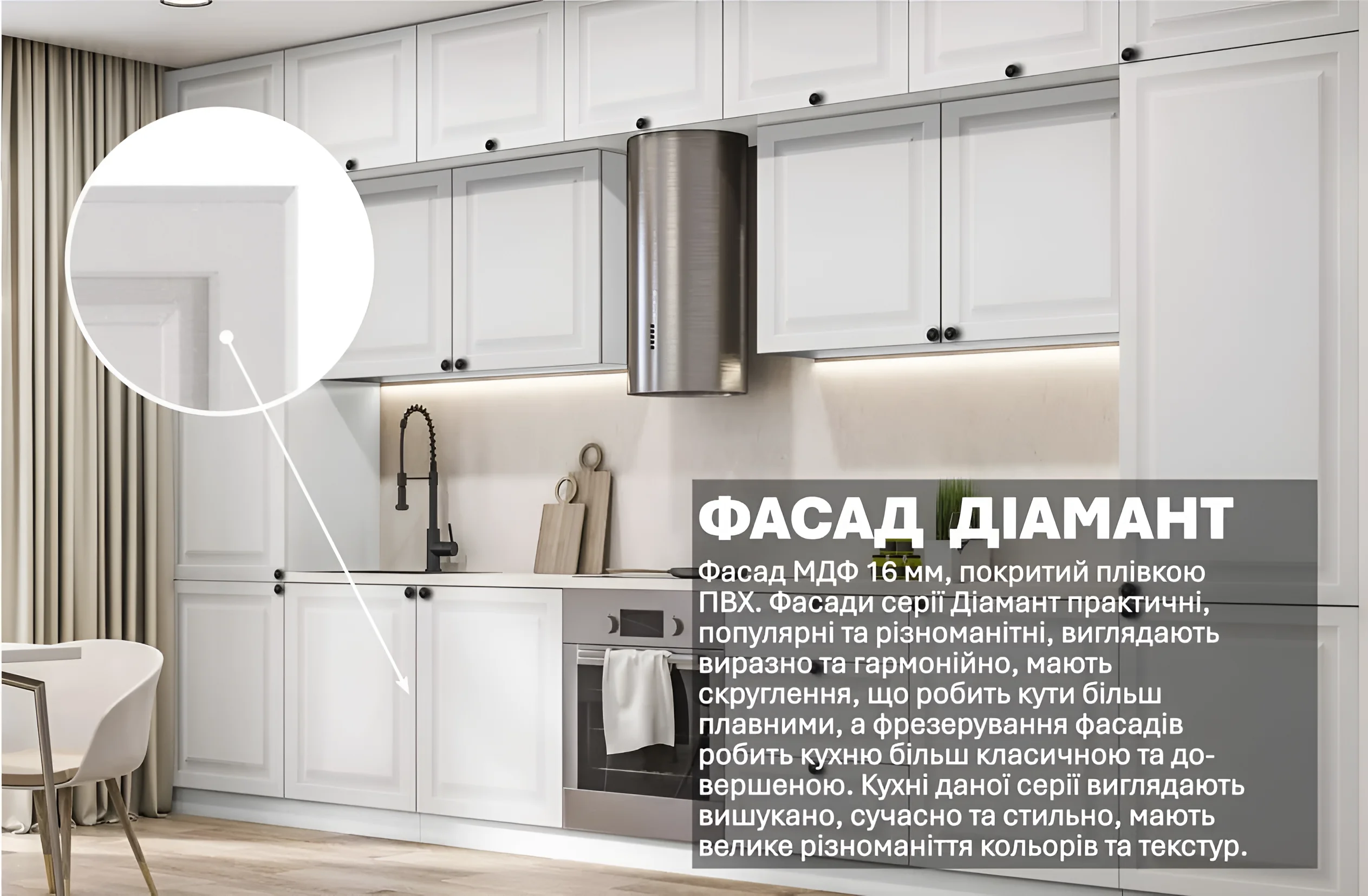 Белая классическая кухня "Диамант" 4,2 метра с фасадами из МДФ, стильный дизайн, современная фурнитура, фото интерьера кухни.