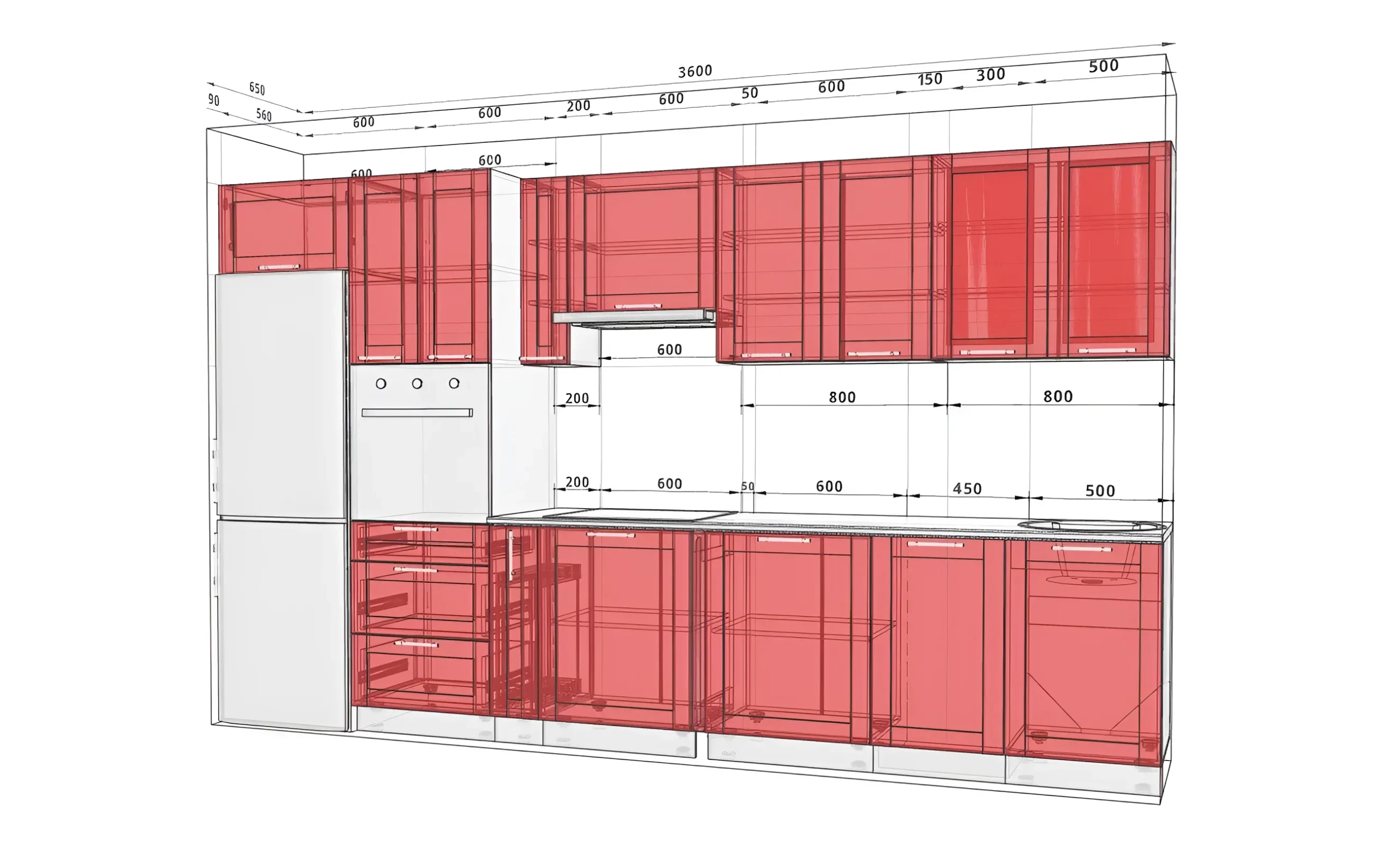 Классическая кухня "Французский Престиж" 3.6 метра в цвете дуб беленый, чертеж с размерами, модульная конструкция, дизайн интерьера кухни.