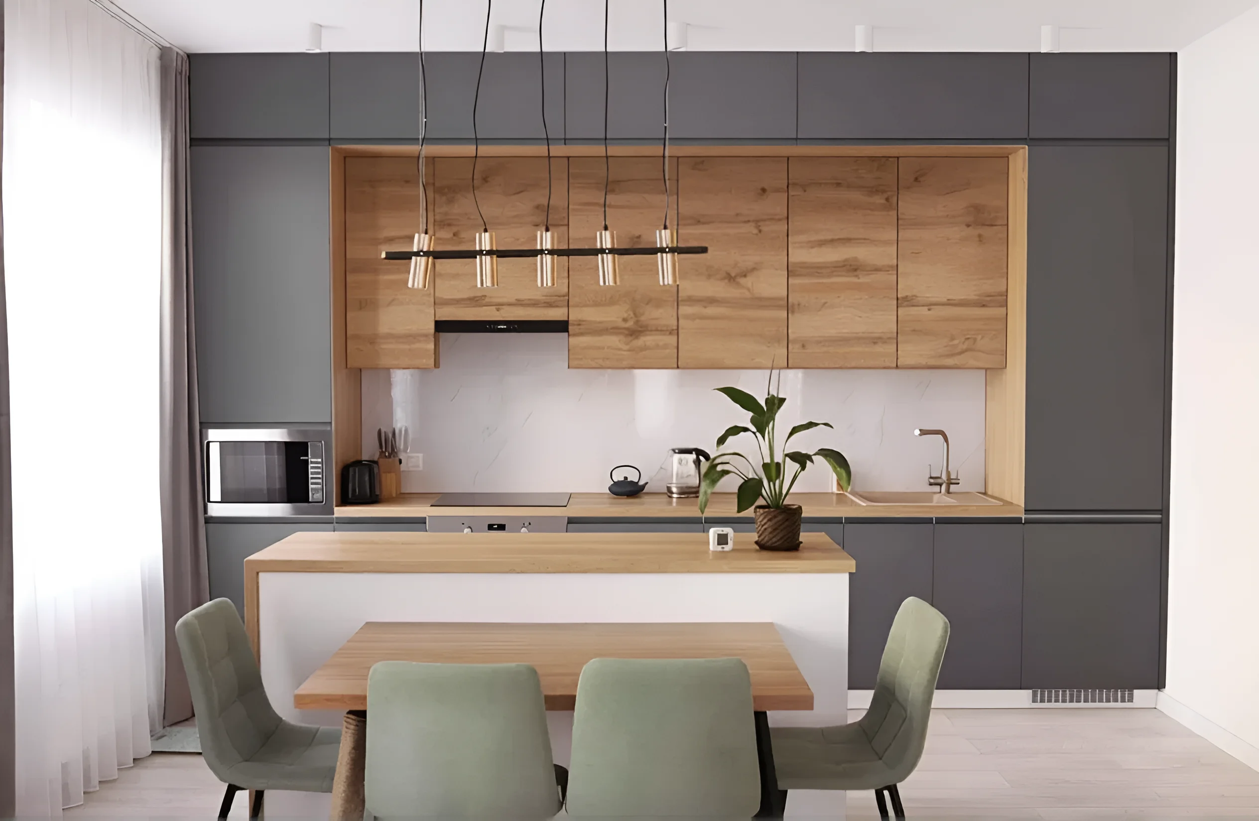 Современная кухня "Альфа ручка" 4200мм в цвете графит и дуб золотой, крашеный МДФ, стильный дизайн интерьера кухни.