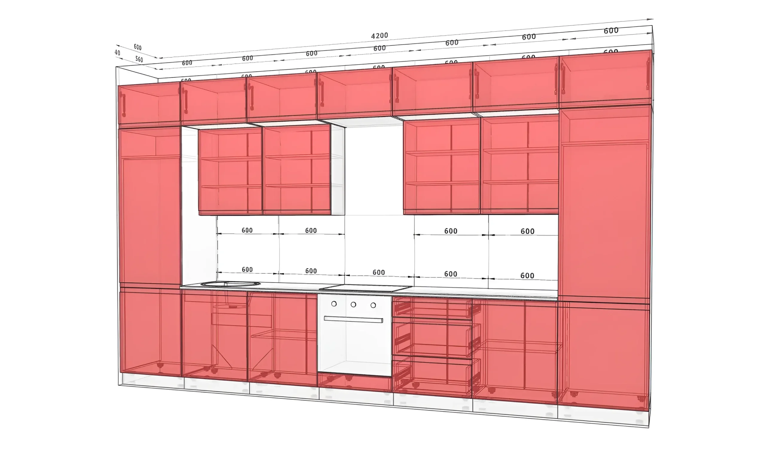 Кухня Альфа ручка 4200мм, крашеный МДФ Графит Дуб золотой: современный дизайн, размеры, схема расположения модулей, фото MebelTops.