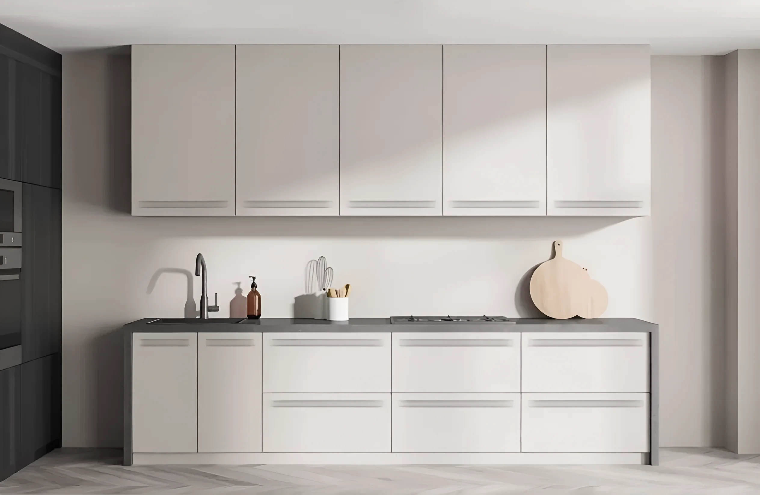 Белая угловая кухня "Альфа ручка" 4х2.2 метра с фасадами из крашеного МДФ, современный дизайн, стильный интерьер кухни.