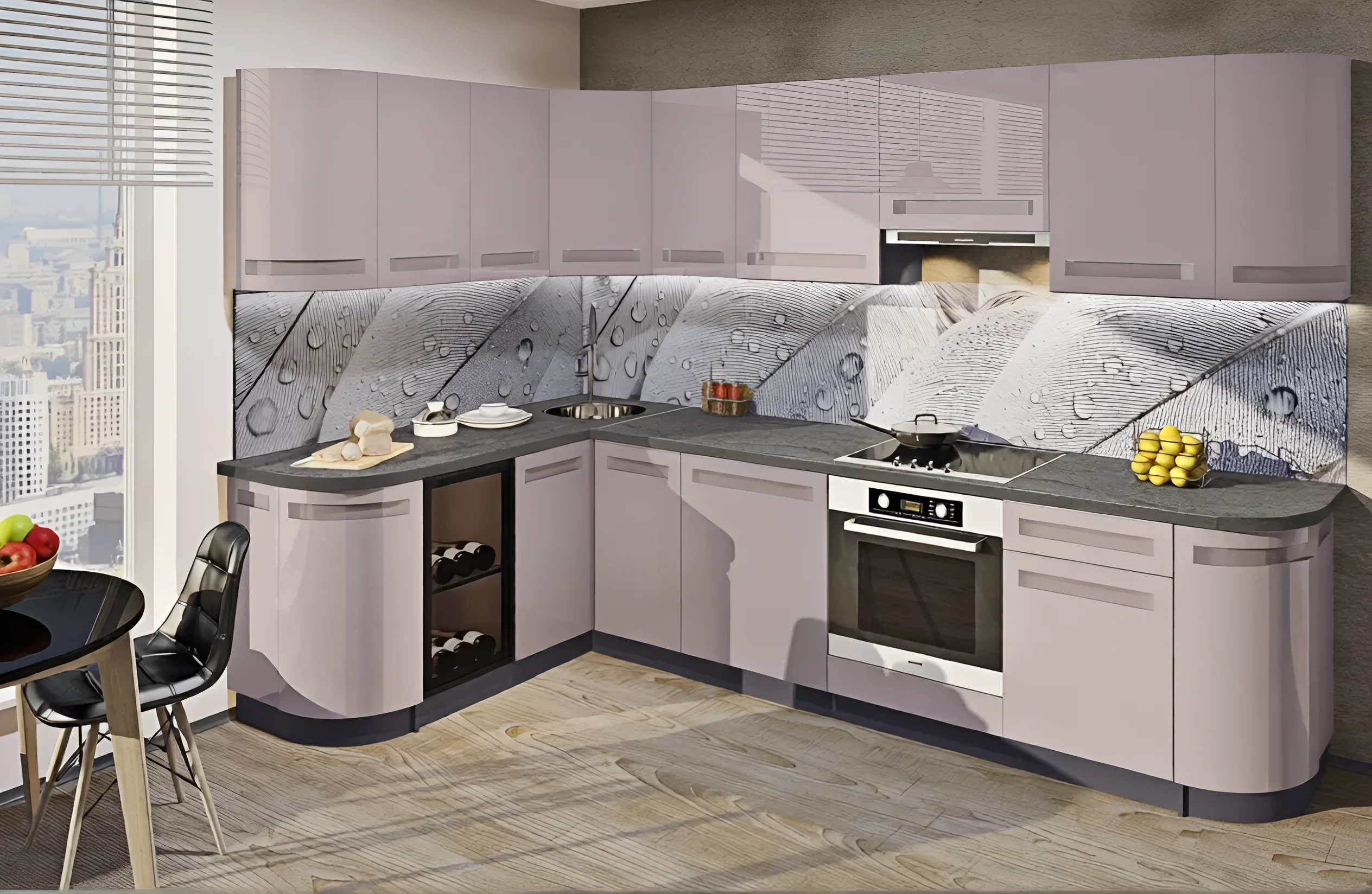 Угловая кухня "Альфа ручка" 4х2.2 метра, белый крашеный МДФ, современный дизайн, фото интерьера кухни с техникой.