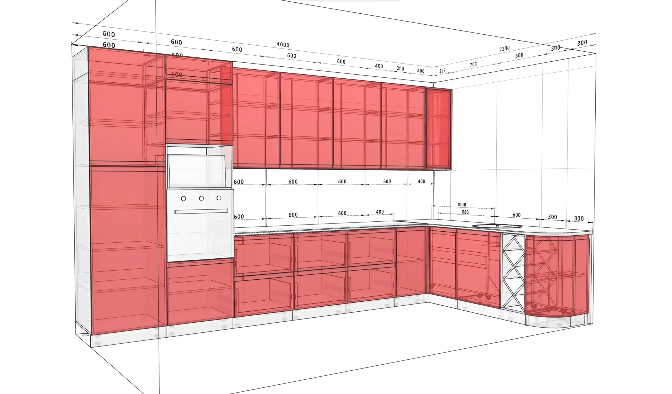 Угловая кухня "Альфа ручка" 4х2.2 метра, крашеный МДФ, белый цвет, современный дизайн, чертеж с размерами для планировки кухни.