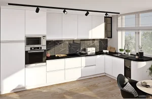 Кухня "Альфа ручка" 3х1,7м бежевого цвета с фасадами из крашеного МДФ, современный дизайн, угловая планировка, стильный интерьер кухни.