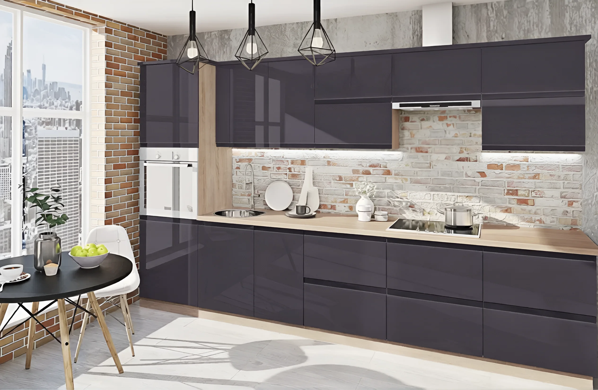 Кухня "Альфа ручка" 3х2.2м в цвете Графит Дуб золотой, крашеный МДФ, современный дизайн, угловой гарнитур для кухни, фото интерьера.