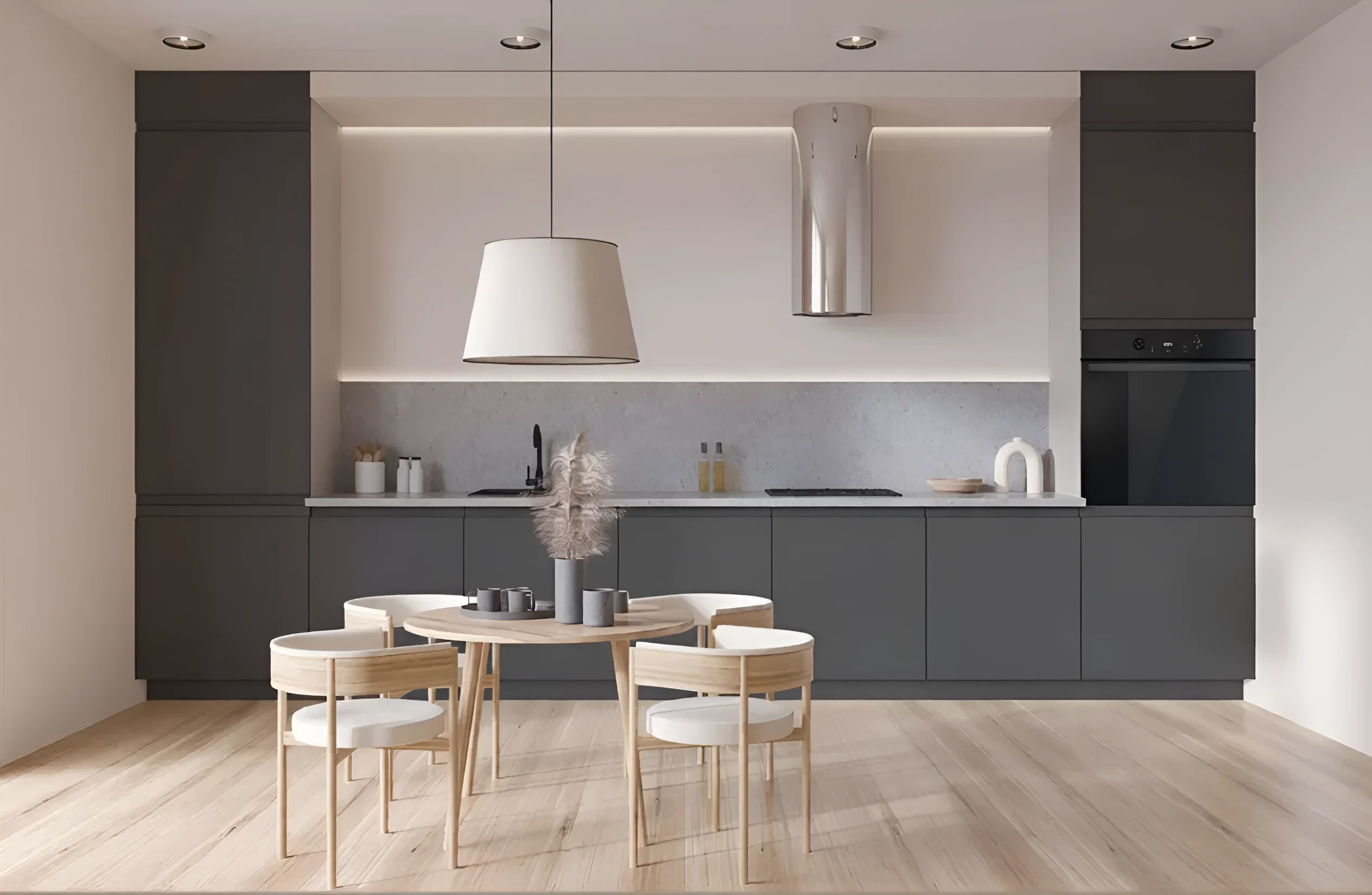 Современная угловая кухня "Альфа ручка" 3х2.2м в цвете графит и дуб золотой, крашеный МДФ, стильный дизайн интерьера.