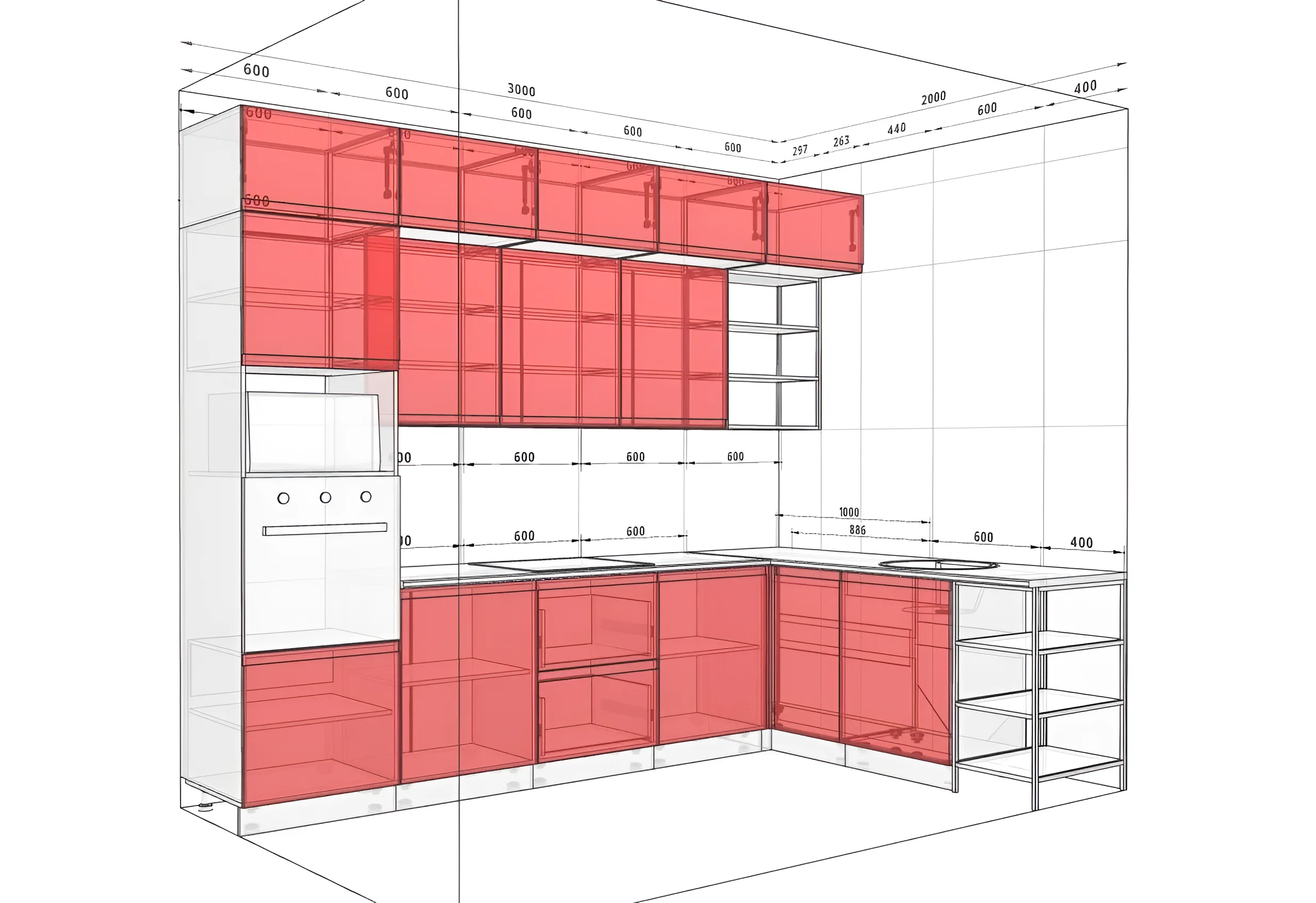 Кухня "Альфа ручка" 3х2.2м в цвете Графит Дуб золотой, крашеный МДФ, угловая планировка, современный дизайн, визуализация интерьера кухни.