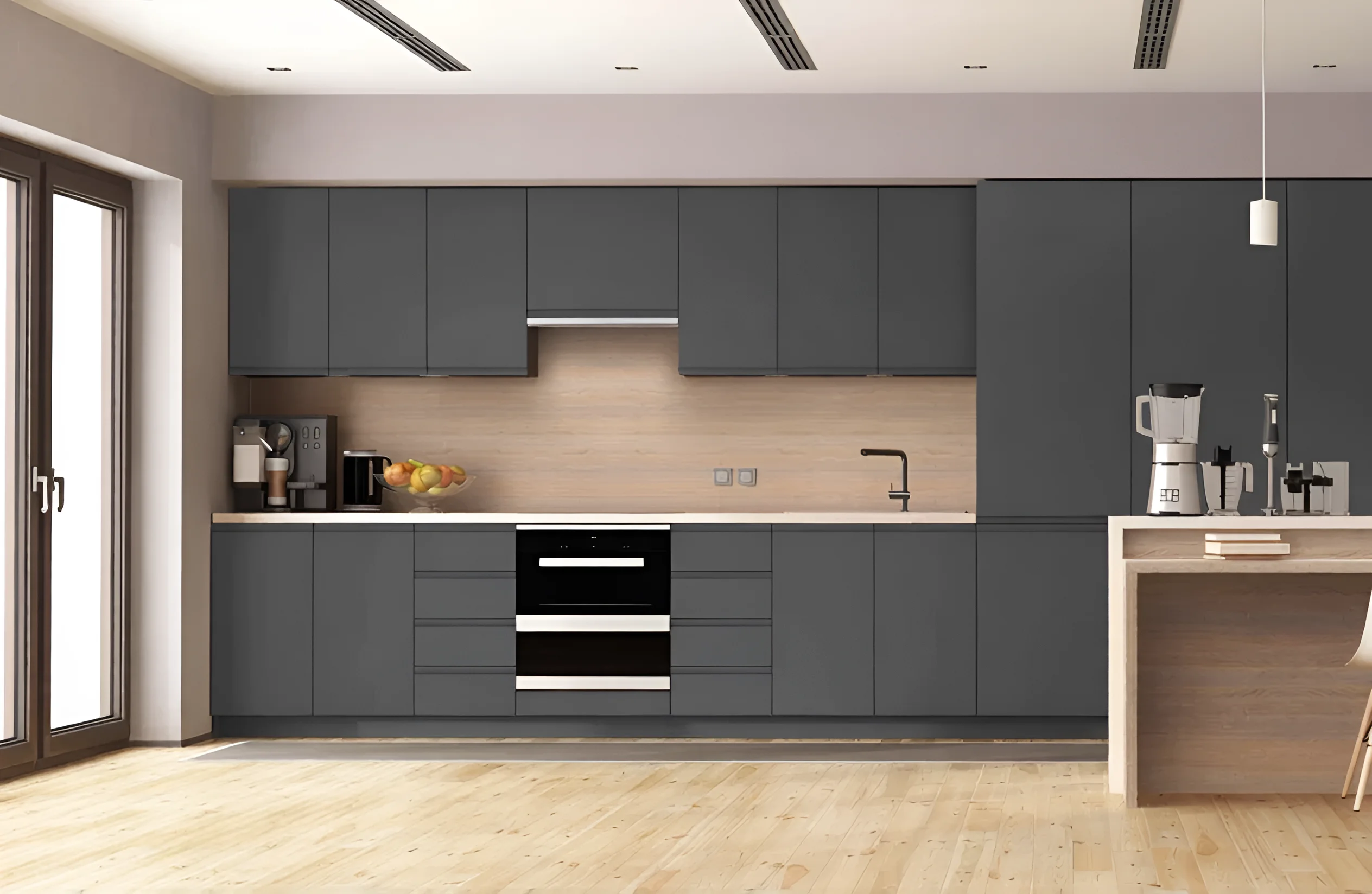 Современная кухня "Альфа ручка" 3.6м в цвете Графит с элементами Дуб золотой, крашеный фасад, стильный дизайн интерьера кухни.