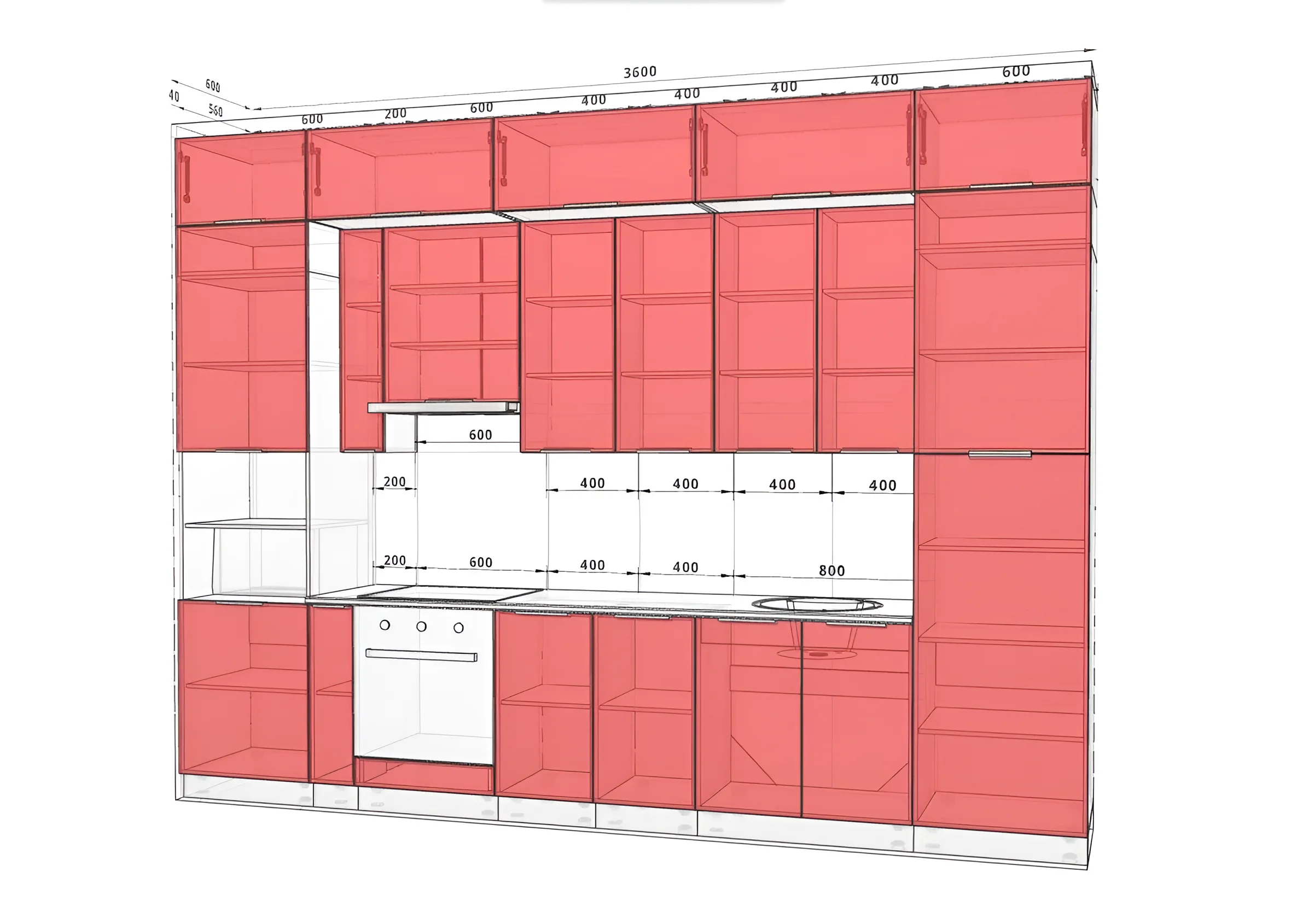 Кухня "Альфа ручка" 3.6м крашеный Графит Дуб золотой: современный дизайн, чертеж с размерами, модульная кухня для дома.
