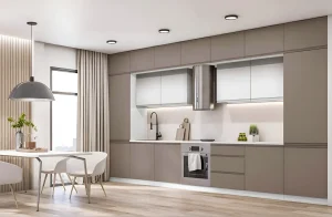 Кухня "Альфа ручка" 3м крашеный МДФ в белом и кофе с молоком цвете, современный дизайн, стильный интерьер кухни.