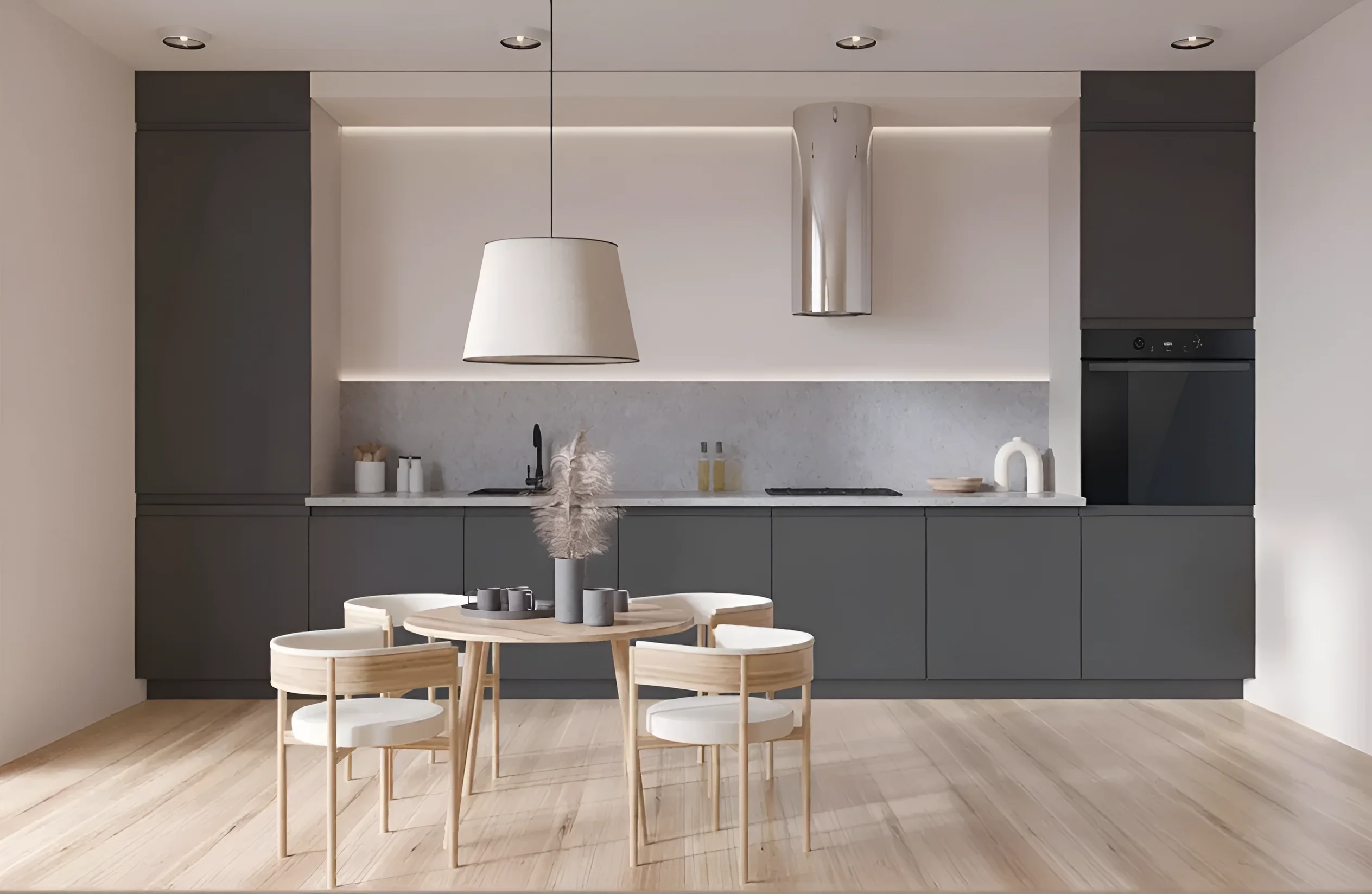 Современная кухня "Альфа ручка" 5.6м с островом в цвете Графит светлый, стильный дизайн, фото интерьера кухни.