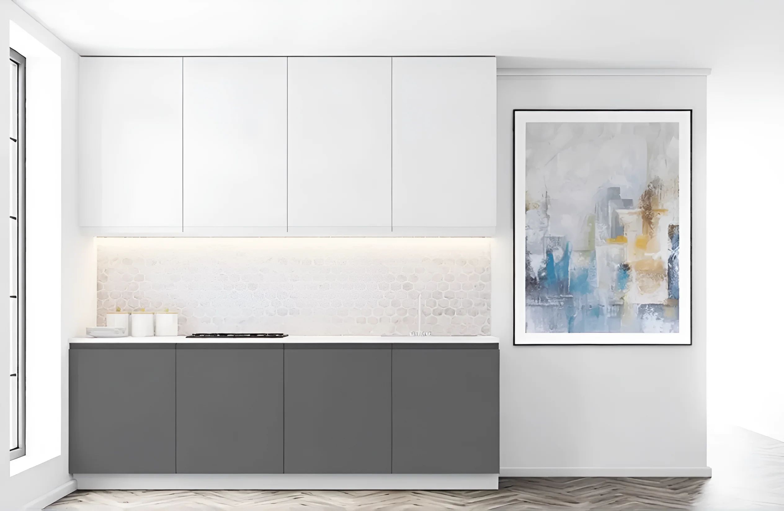 Современная кухня "Альфа ручка" 5.6м с островом в цвете Графит светлый, крашеный фасад, стильный дизайн интерьера кухни.