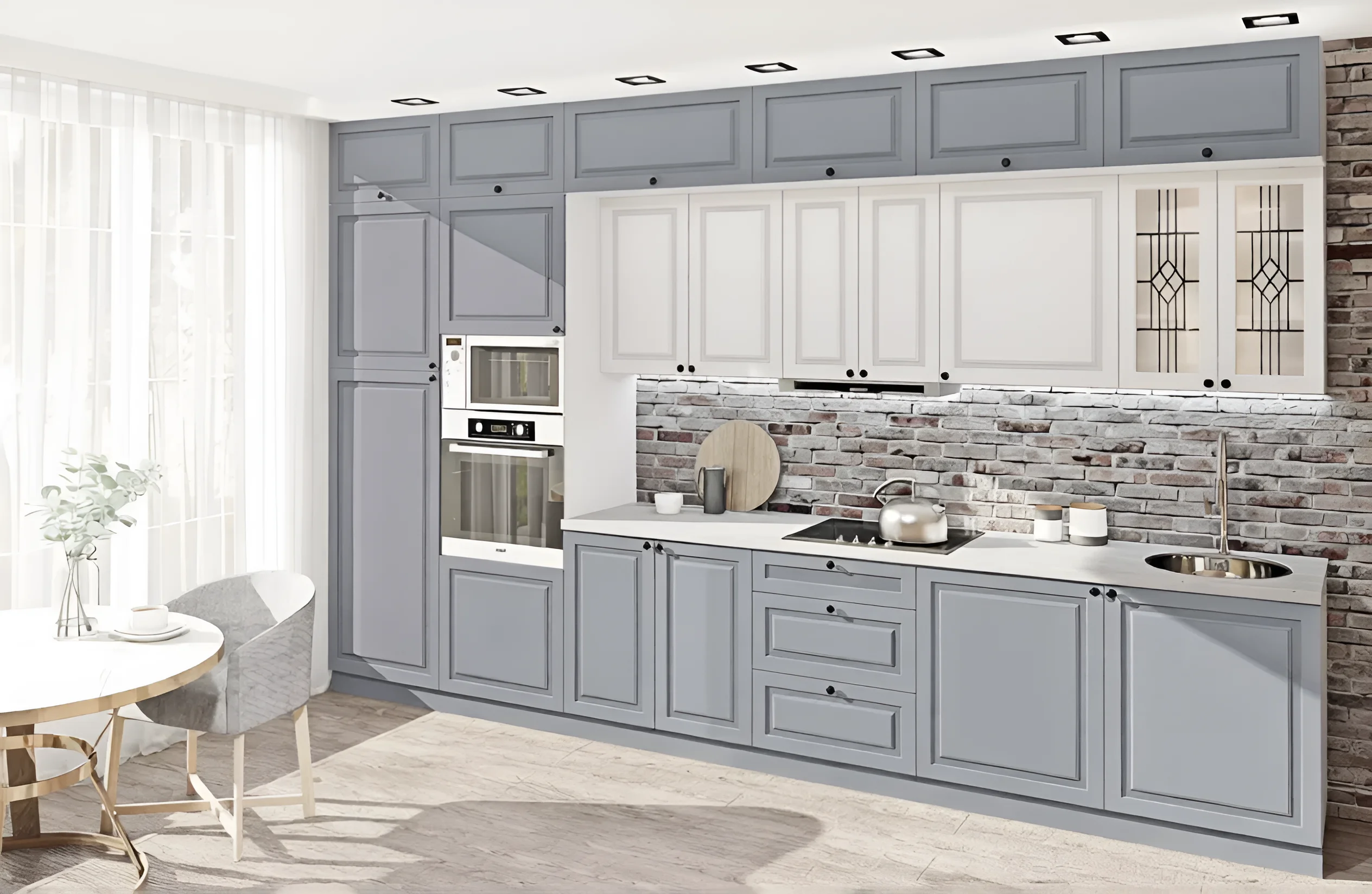 Кухня Атланта 3800 мм крашеный МДФ в белом и титановом цвете, современный дизайн, фото интерьера кухни в светлых тонах.