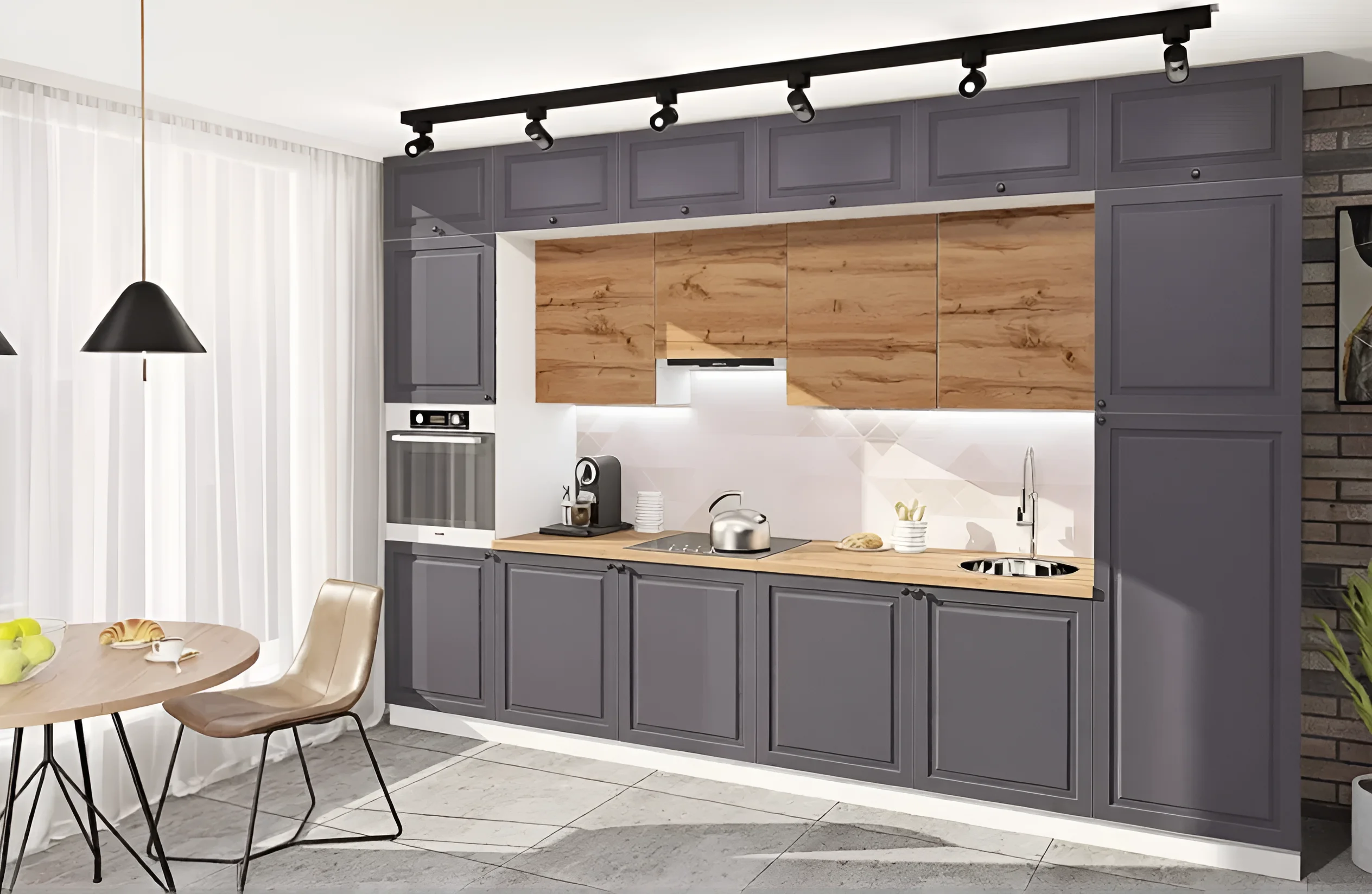 Кухня Атланта 3800 мм, крашеный МДФ белый и титан: современный дизайн, функциональность и стильное решение для интерьера кухни.