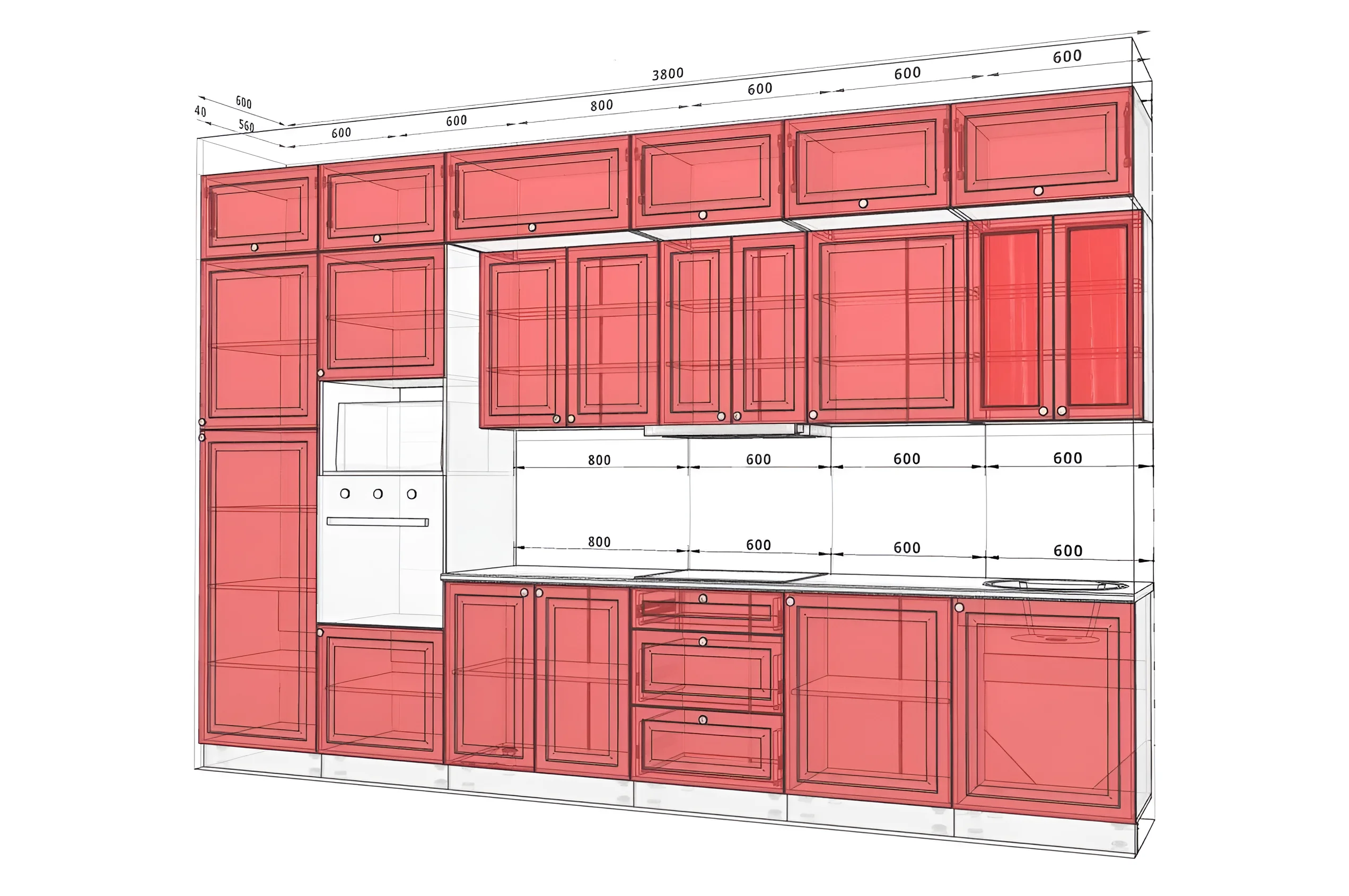 Кухня Атланта 3800 мм, крашеный МДФ, белый и титан: современный дизайн, схема расположения модулей, фото интерьера кухни.