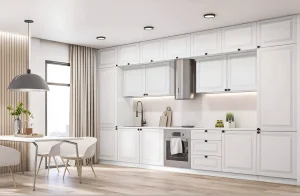 Белая кухня "Атланта" 2.4м из крашеного МДФ в современном интерьере, фото высокого качества для выбора кухонной мебели.