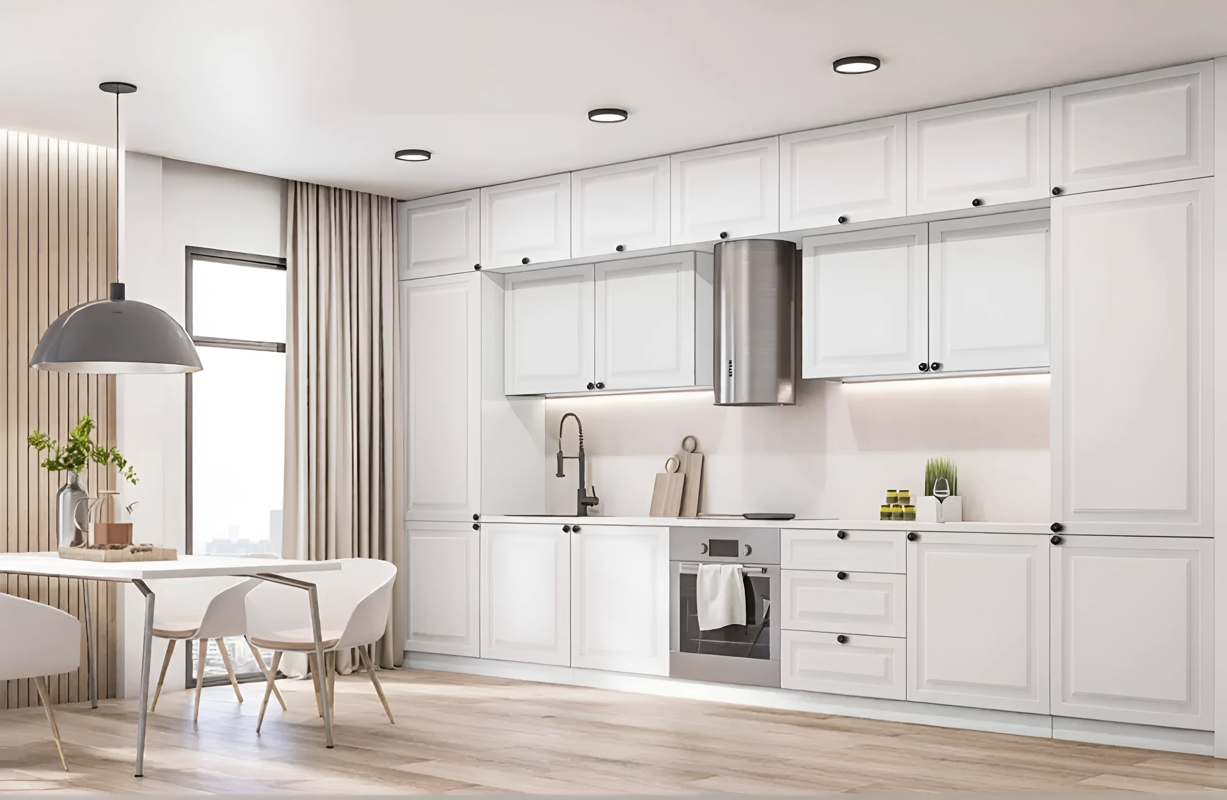 Белая кухня "Атланта" 2.4м из крашеного МДФ в современном интерьере, фото высокого качества для выбора кухонной мебели.