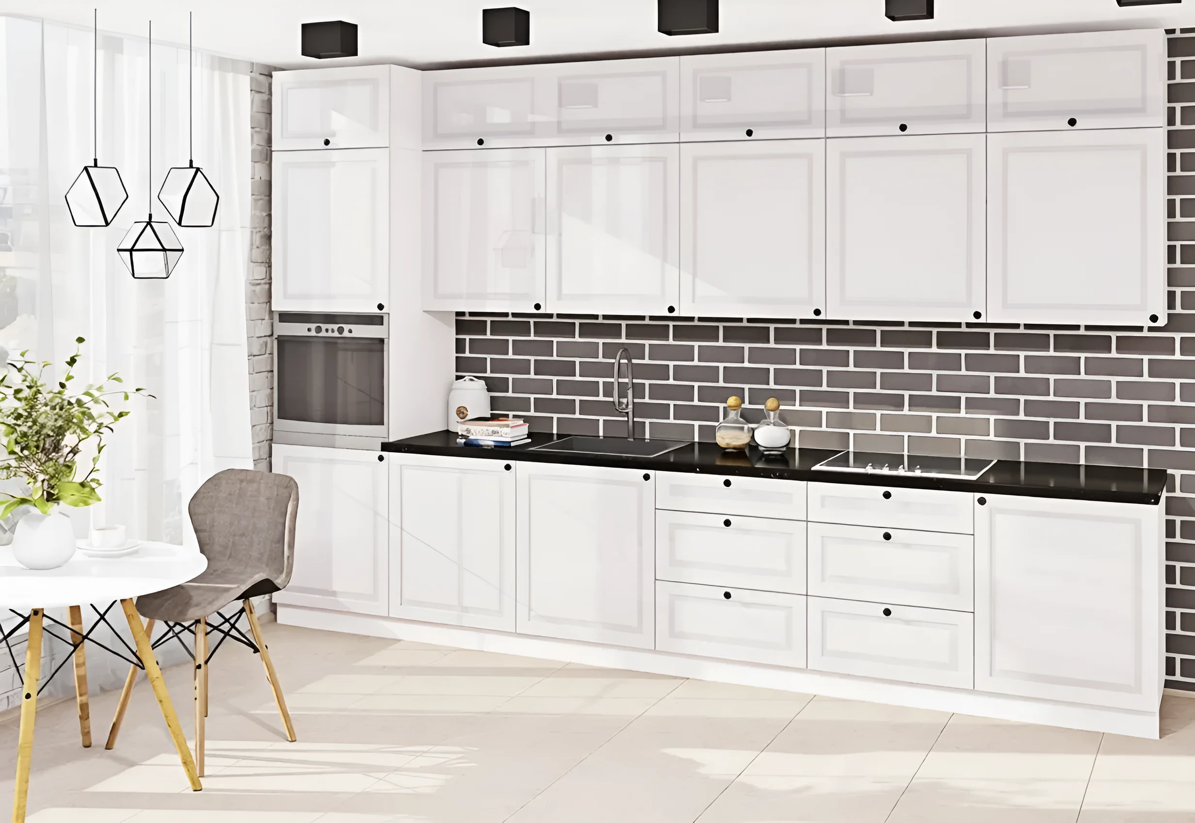 Белая кухня "Атланта" 2.4м из крашеного МДФ в современном интерьере, фото с угловым видом и обеденной зоной.