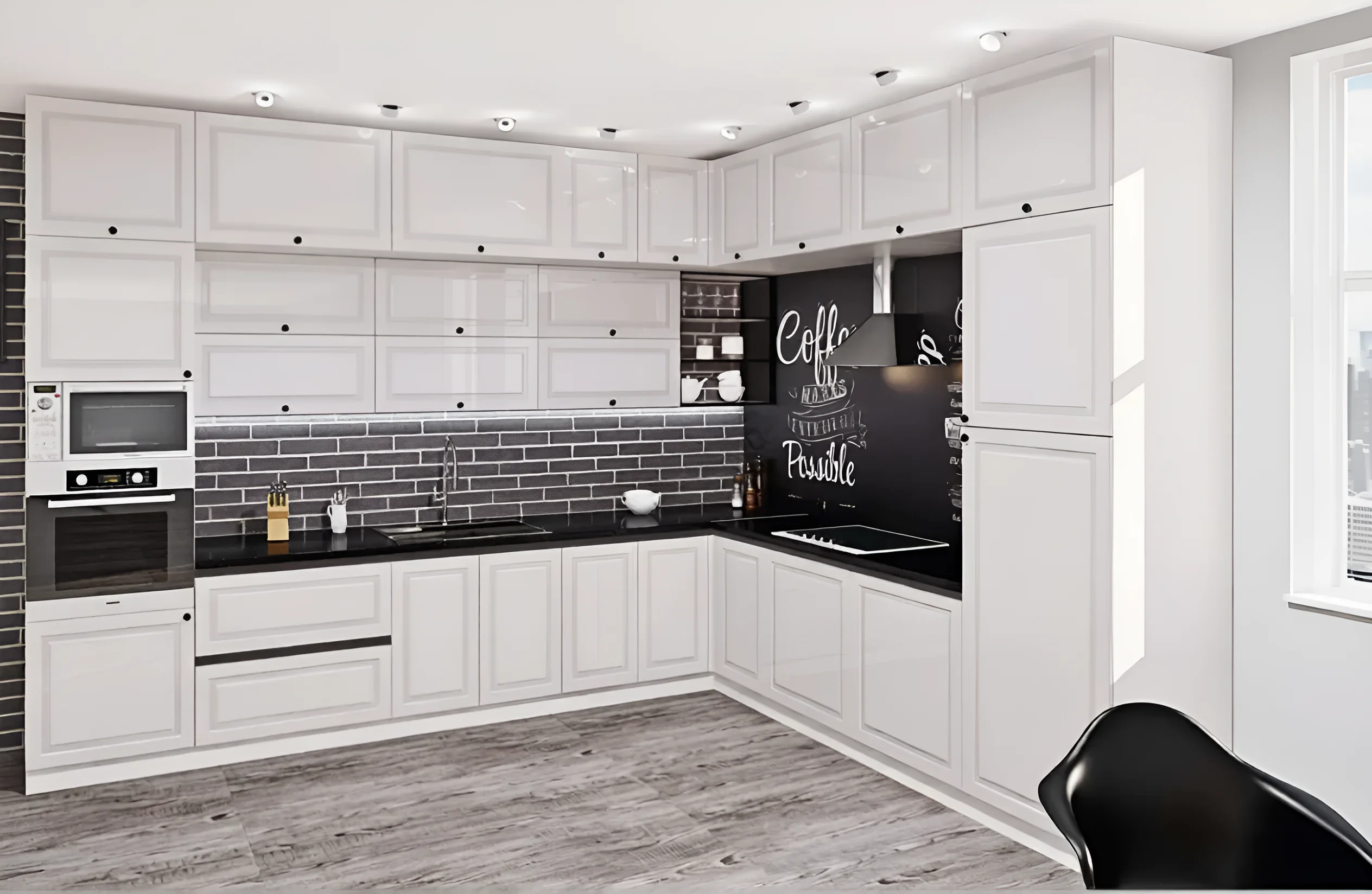 Белая угловая кухня "Атланта" 2.4м из крашеного МДФ, современный дизайн, черная столешница, стильный интерьер кухни, MebelTops.