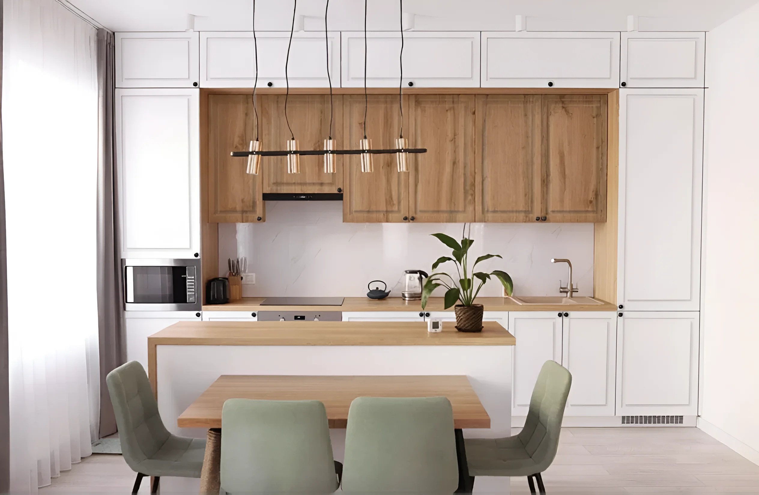 Кухня Атланта 2.4м белого цвета с фасадами из крашеного МДФ, современный дизайн, фото интерьера кухни-гостиной.