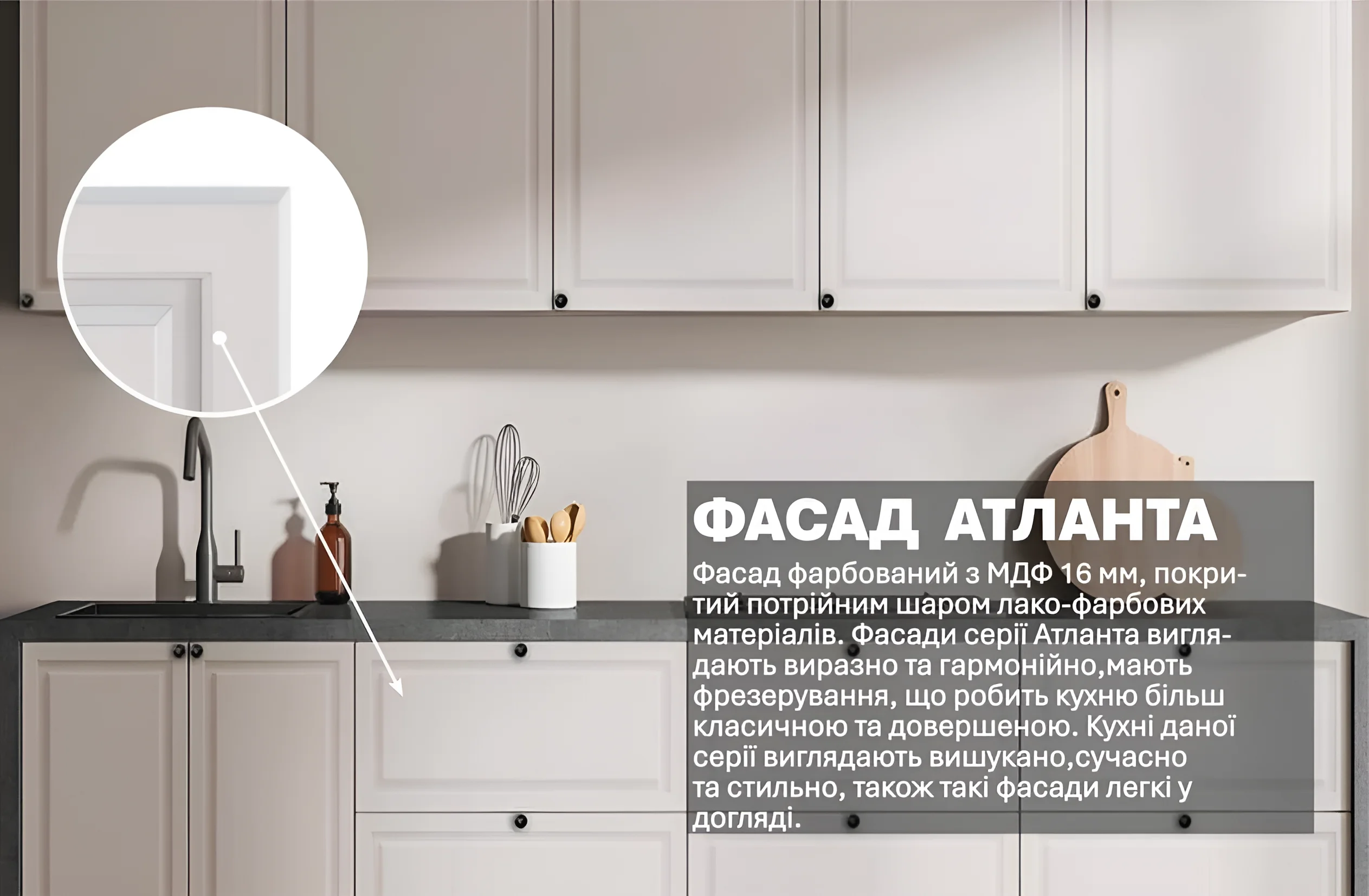 Белая кухонная мебель "Атланта" 2.4м с фасадами из крашеного МДФ, современный дизайн, стильная кухня для дома.