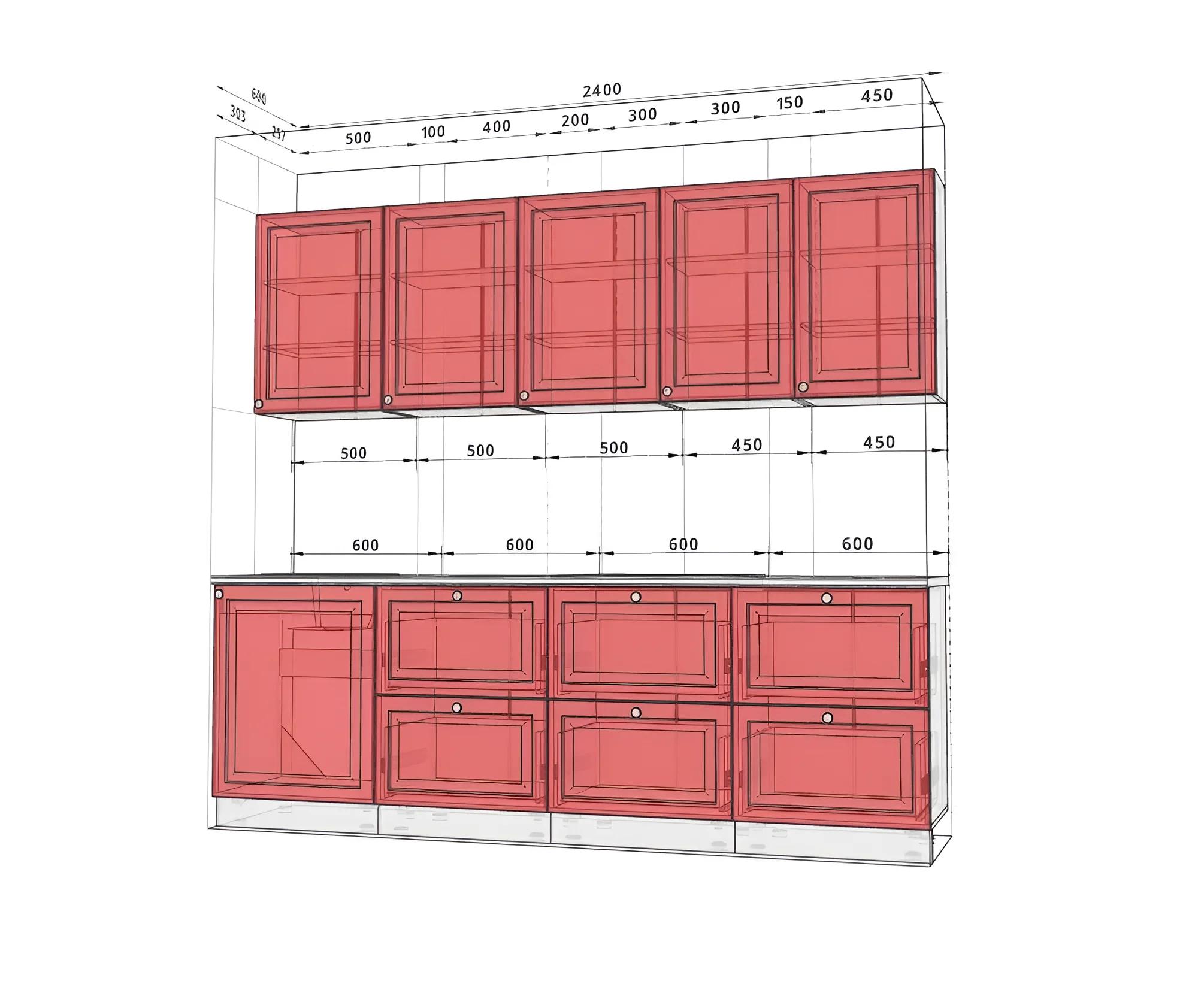 Кухня "Атланта" 2.4м белого цвета из крашеного МДФ, угловой кухонный гарнитур с верхними и нижними шкафами, размеры и схема.