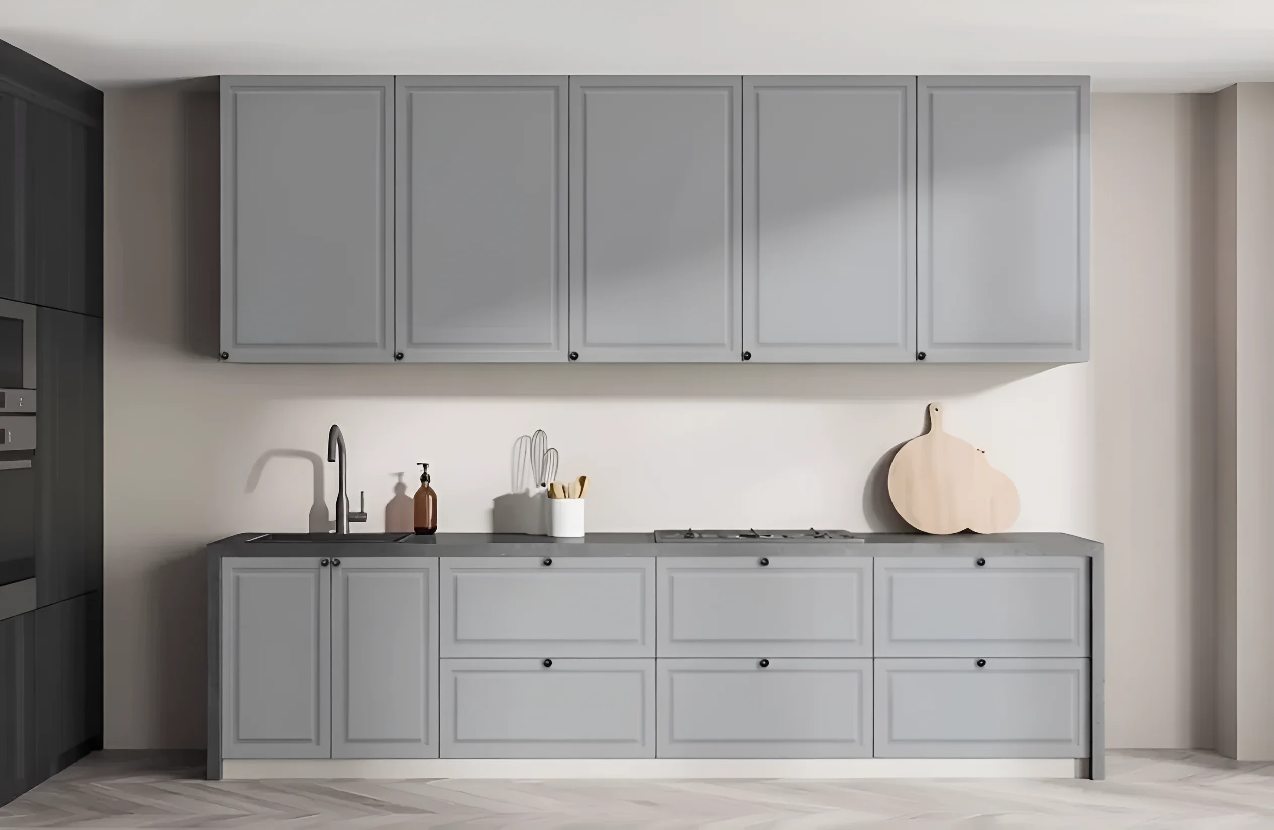 Кухня Атланта 3,6 метра, крашеный МДФ, цвет дуб золотой и графит светлый, современный дизайн, фото интерьера кухни.