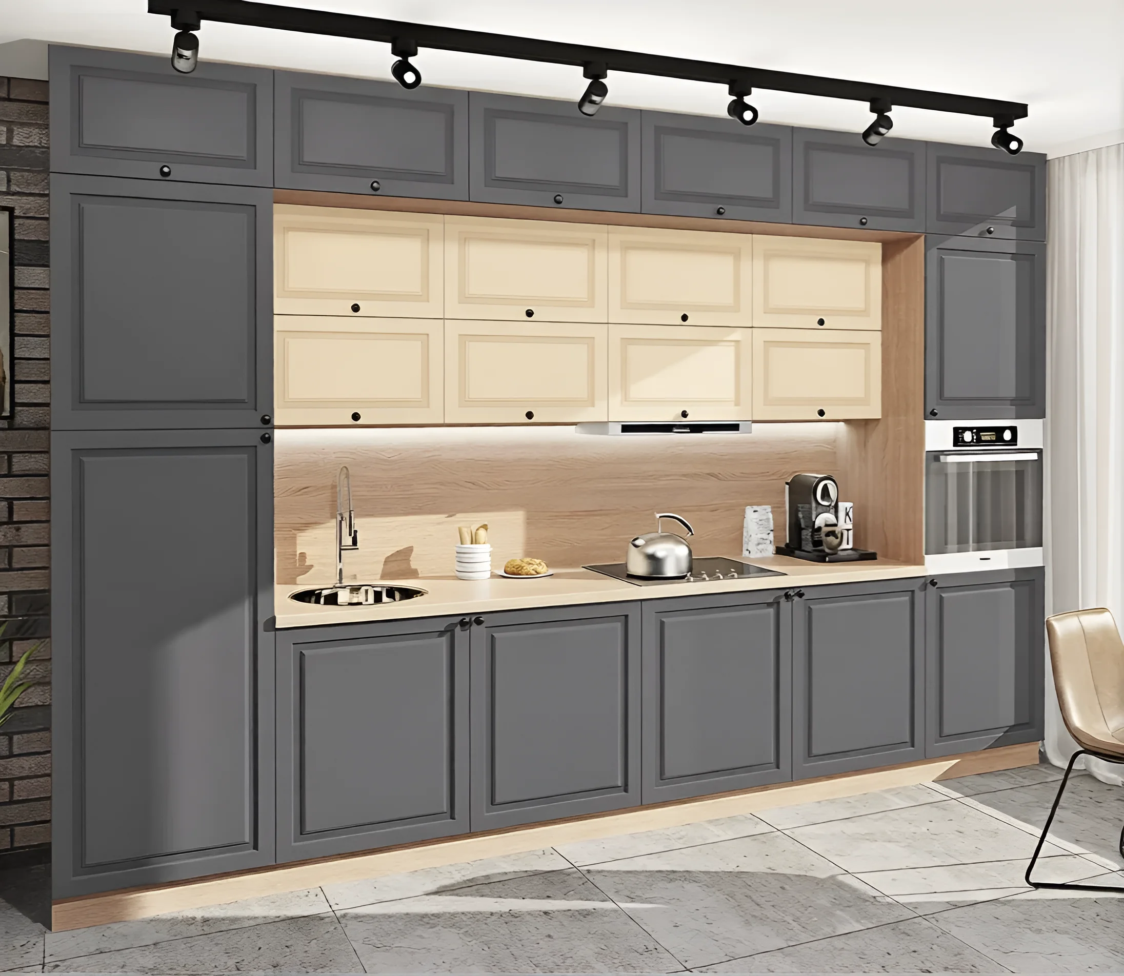 Кухня Атланта 3,6 метра, крашеный МДФ, цвета дуб золотой и графит светлый, современный дизайн, фото интерьера кухни.