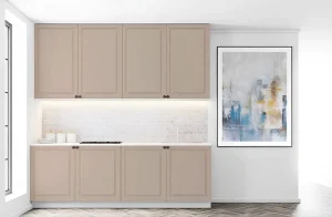 Кухня Атланта 3.6 метра в цвете кофе с молоком, крашеный МДФ, современный дизайн, угловая кухня, фото интерьера кухни.