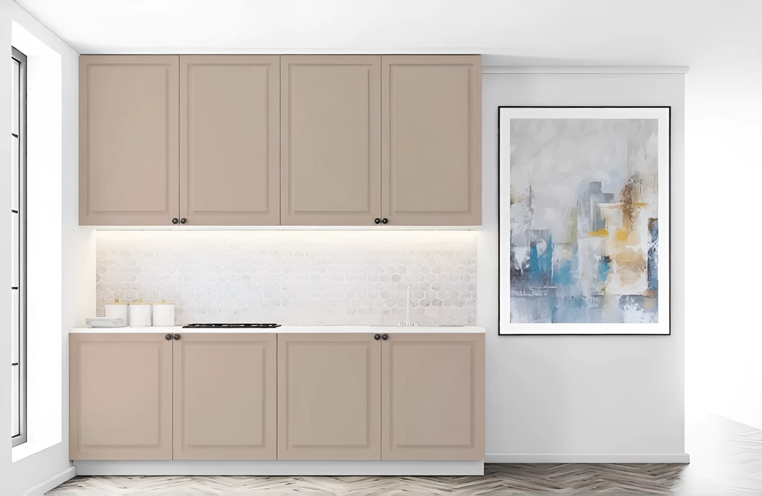 Кухня Атланта 3.6 метра в цвете кофе с молоком, крашеный МДФ, современный дизайн, угловая кухня, фото интерьера кухни.