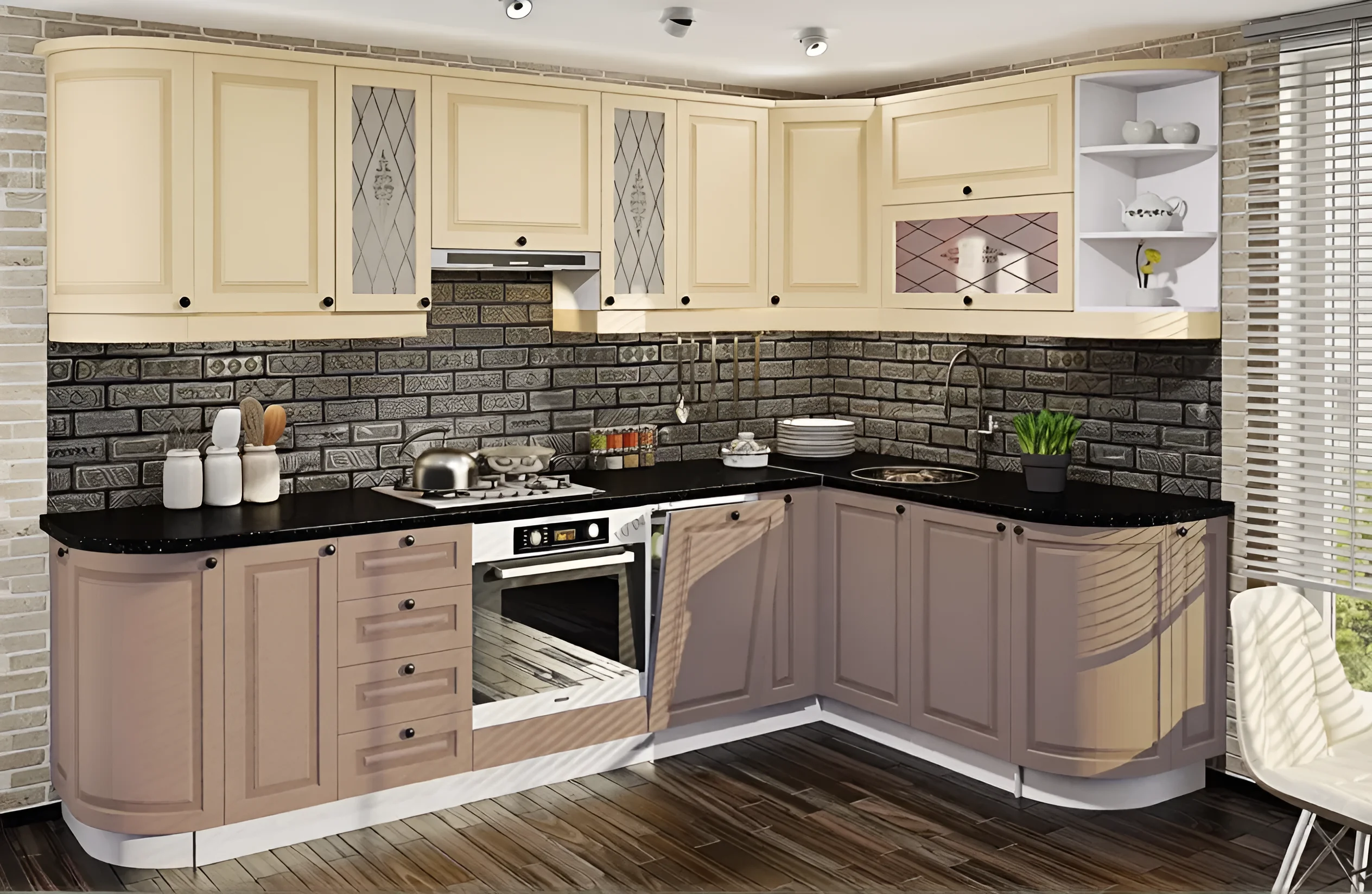 Кухня "Атланта" 3.6 метра в цвете кофе с молоком, крашеный МДФ, угловой гарнитур, современный дизайн, фото интерьера кухни.