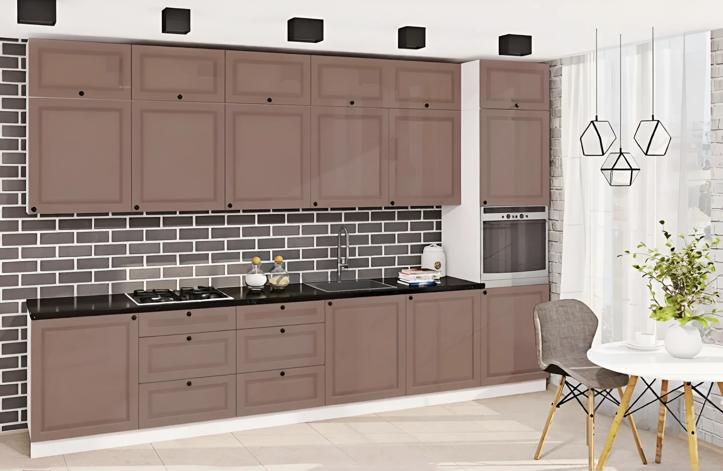 Кухня Атланта 3.6 метра в цвете кофе с молоком из крашеного МДФ, современный дизайн, угловой гарнитур, фото интерьера.