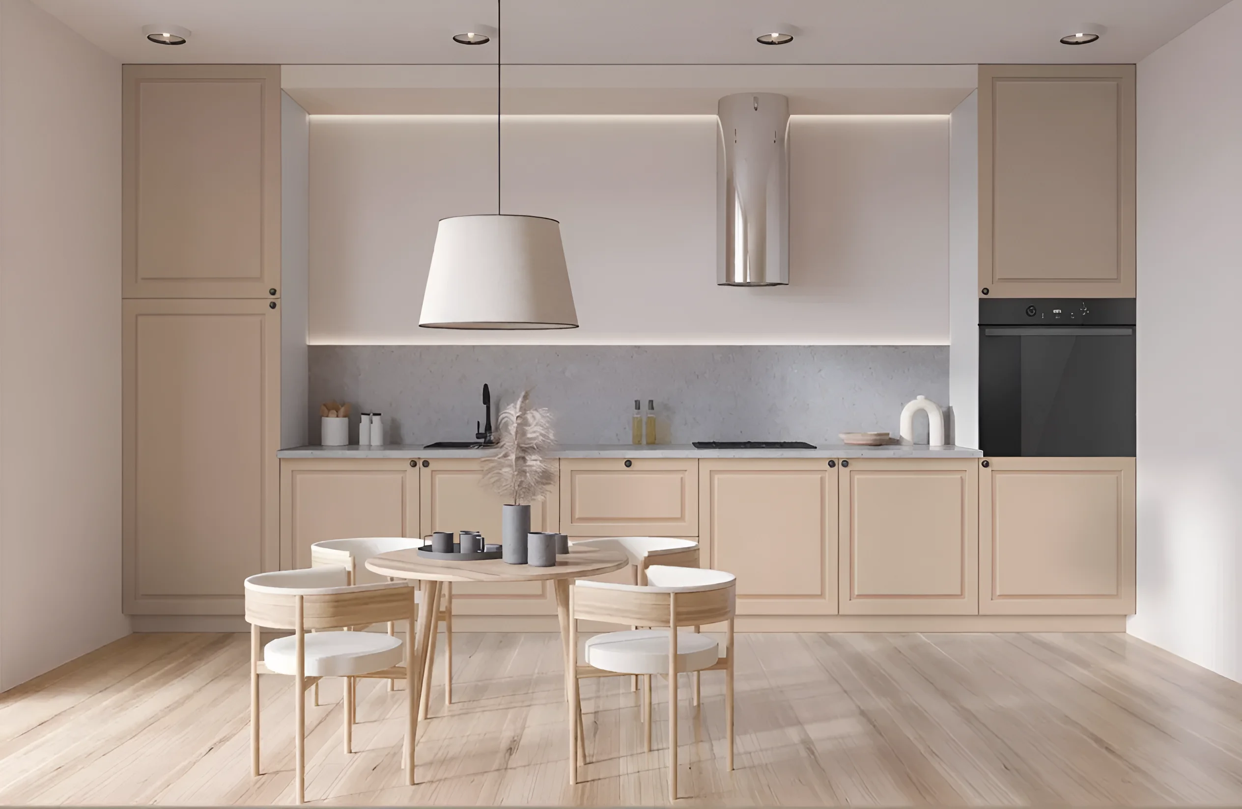 Кухня Атланта 3.6 метра в цвете кофе с молоком из крашеного МДФ, современный дизайн, светлая обеденная зона, интерьер кухни.