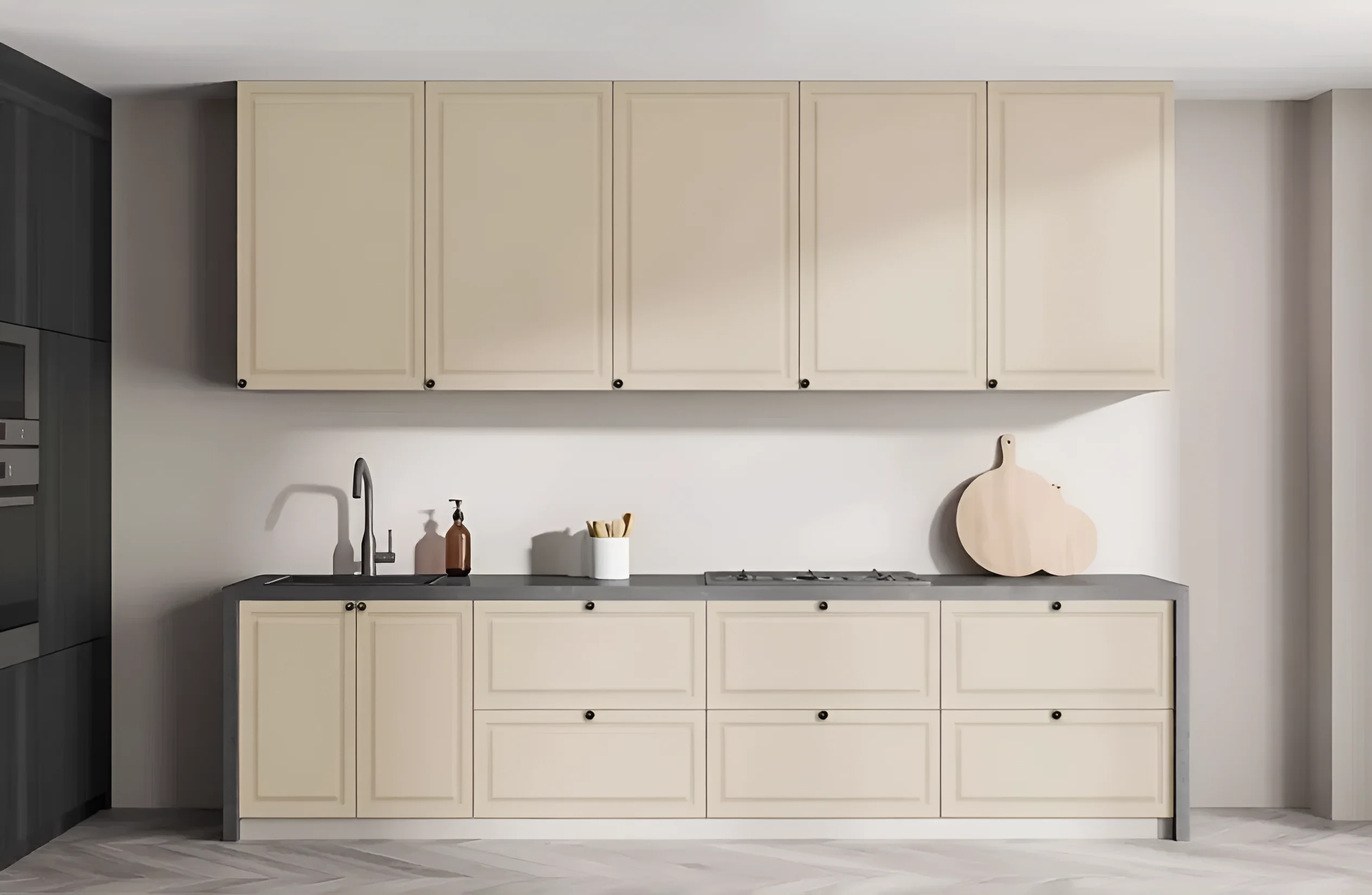 Кухня Атланта 3.6 метра в цвете кофе с молоком из крашеного МДФ, современный дизайн, угловой кухонный гарнитур, фото интерьера.