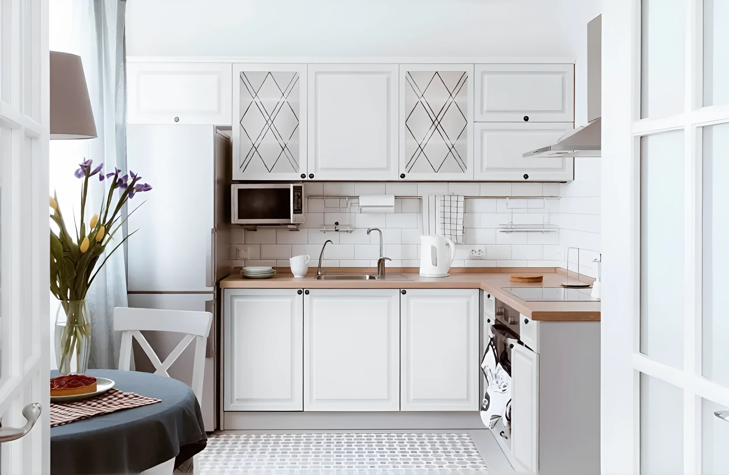 Белая угловая кухня "Диамант" 3,4х1,6 метра на фото в интерьере: стильный дизайн, практичное решение для небольших кухонь.