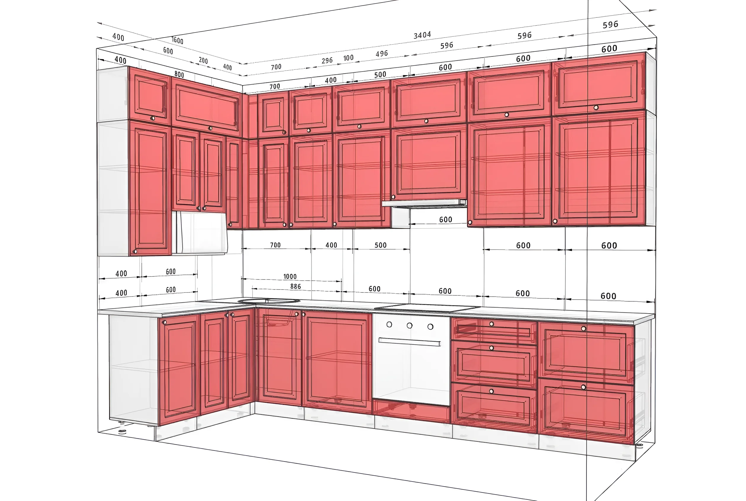Угловая кухня "Диамант" белого цвета, размеры 3,4 х 1,6 метра, с подробными схематическими размерами и расположением модулей.