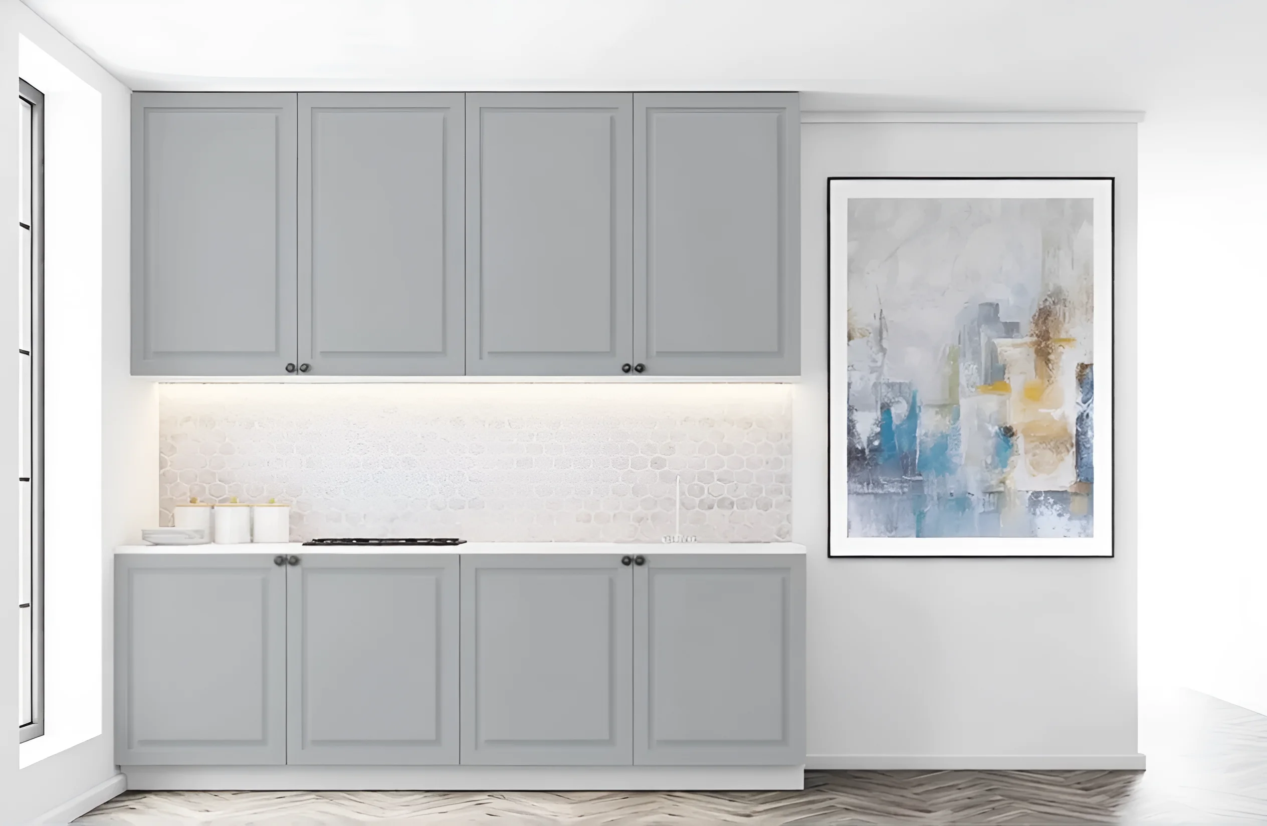 Современная угловая кухня "Диамант" 2.8х2м в цвете мрамор бетон бежевый и серый, стильный дизайн, фото интерьера кухни.