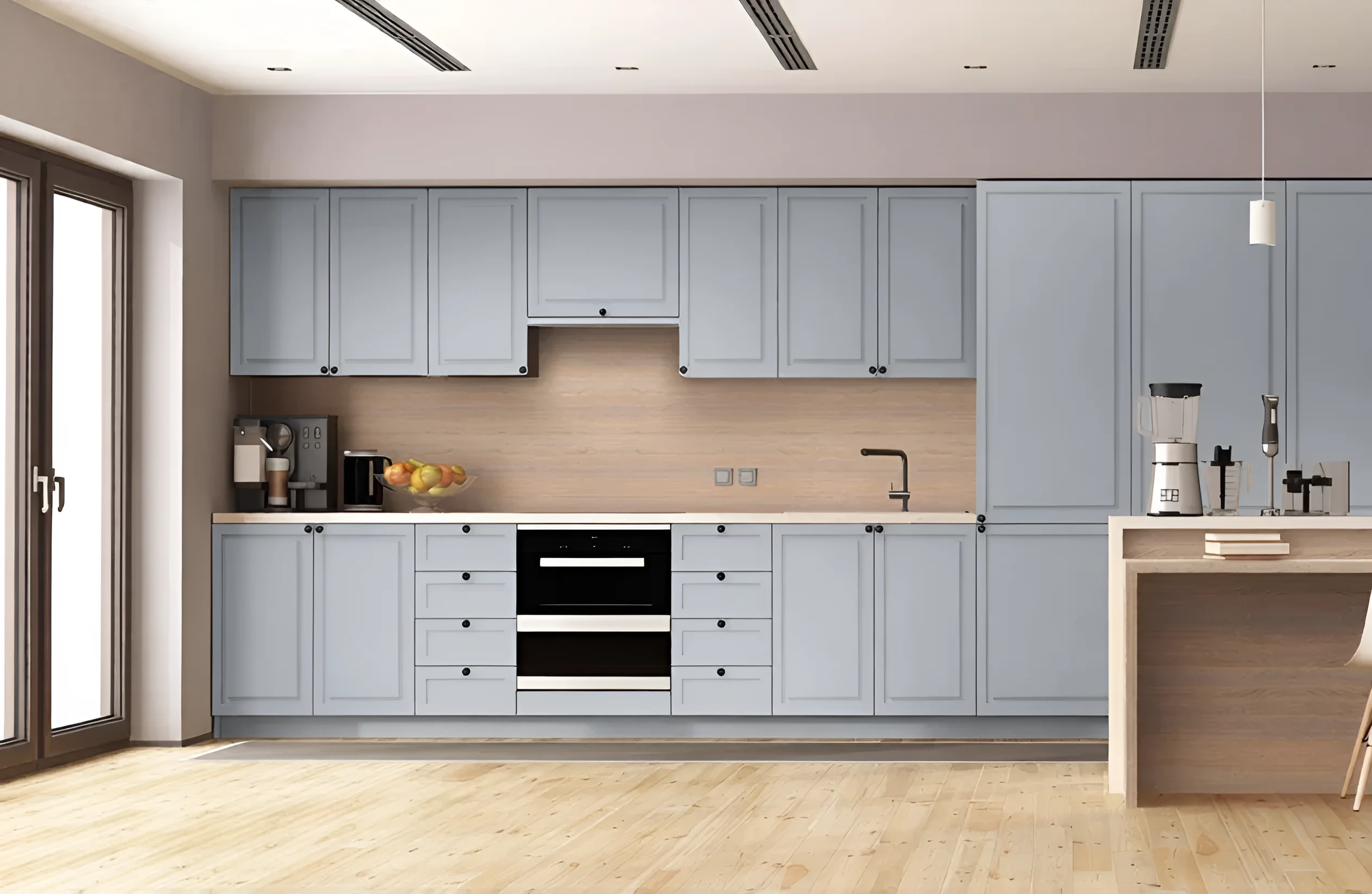 Современная кухня "Диамант" 2.8х2м в бежево-серых тонах с фасадами под мраморный бетон, стильный дизайн интерьера кухни.