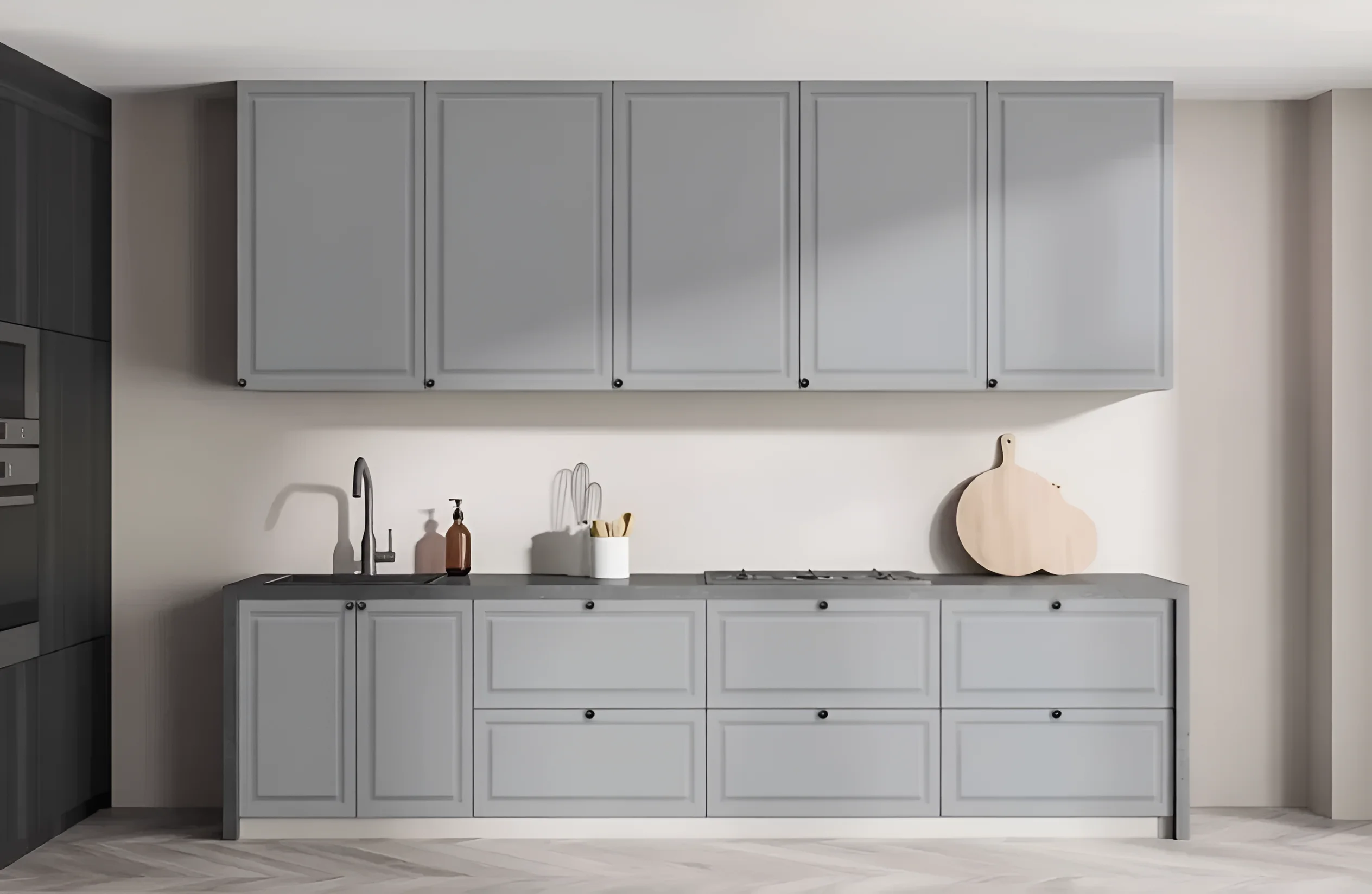 Современная угловая кухня "Диамант" 2.8х2м в цвете мрамор бетон бежевый и серый, стильный дизайн, функциональность и практичность.