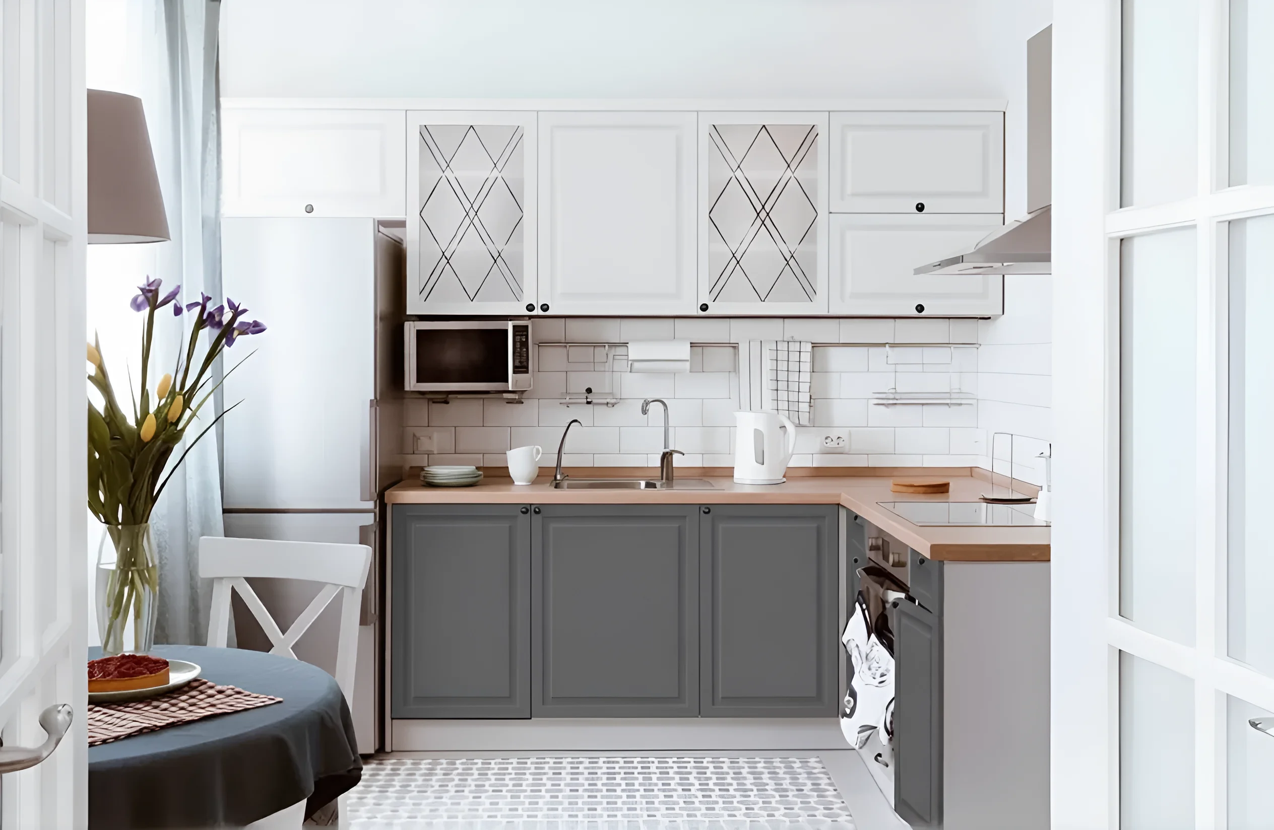 Кухня "Диамант" 2.8х2м в бежево-сером мраморном бетоне: современный дизайн, угловая расстановка, стильный интерьер кухни, фото.