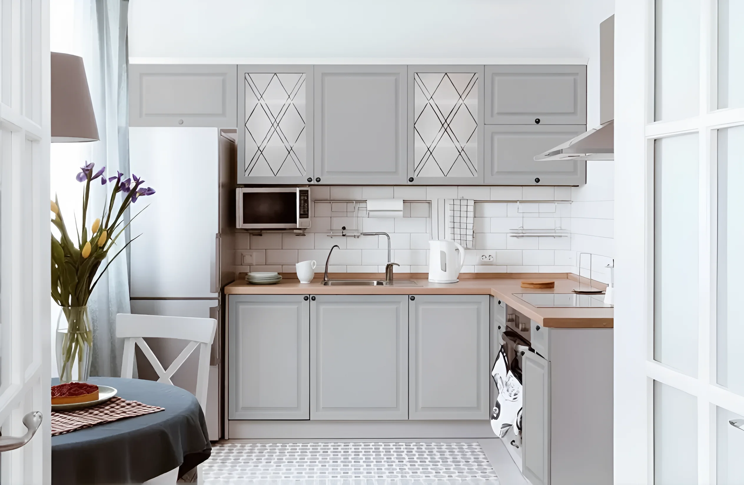 Кухня "Диамант" 2.8х2м в бежево-серых тонах с мраморным декором бетона, современный дизайн интерьера кухни, фото.