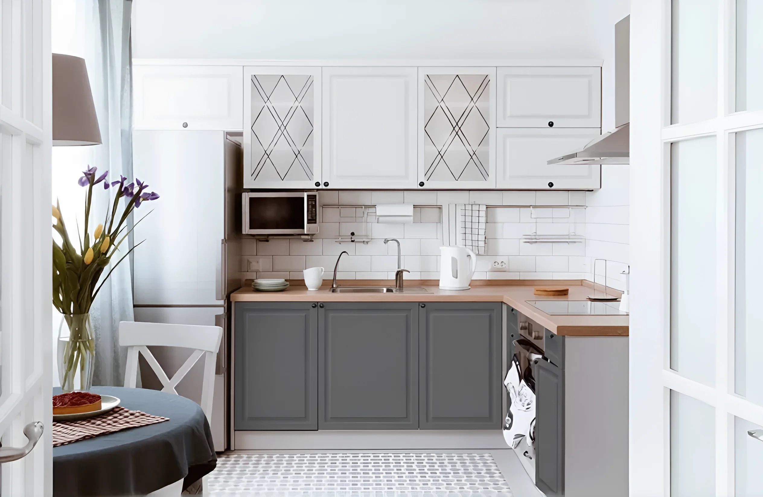 Кухня "Диамант" 2.8х2м в бежево-сером мраморном бетоне: современный дизайн, функциональность и стильное решение для интерьера кухни.